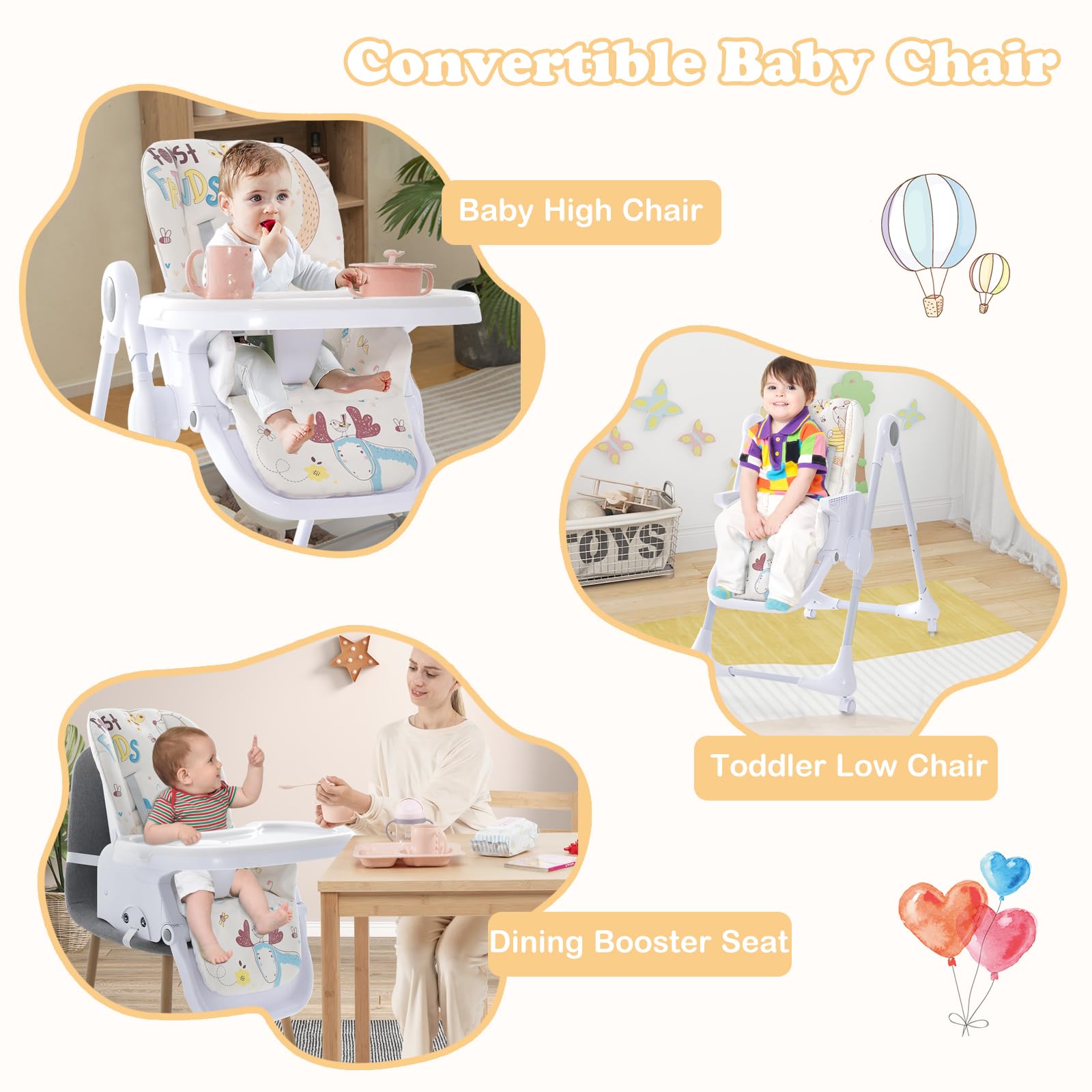 3-in-1 Baby High Chair, Foldable Infant High Chair