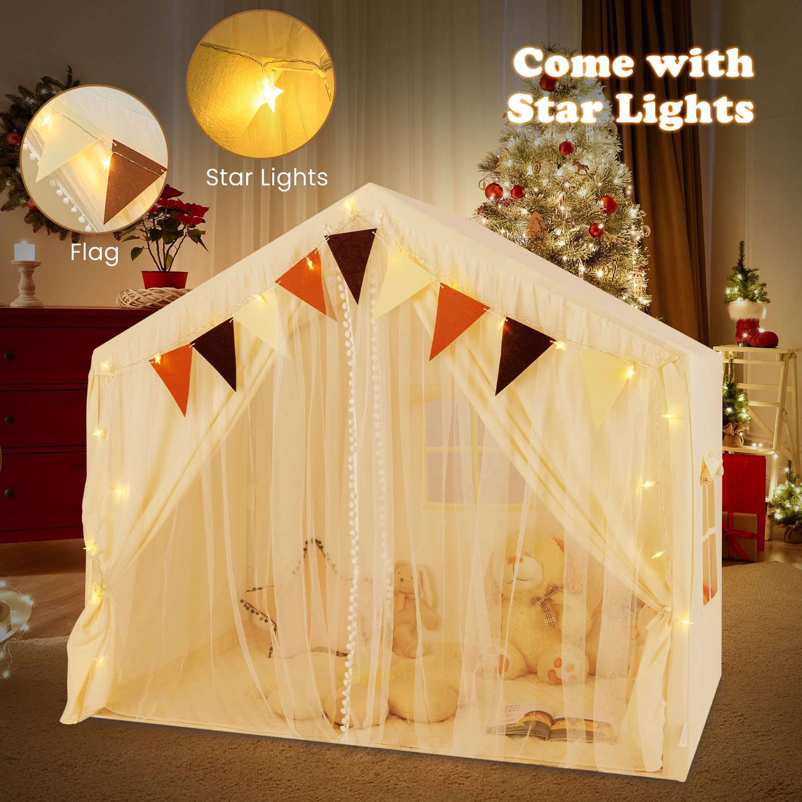 INFANS Kids Play Tent, Large Size Playhouse with Washable Cotton Mat Star Light Windows Plaid Pennants