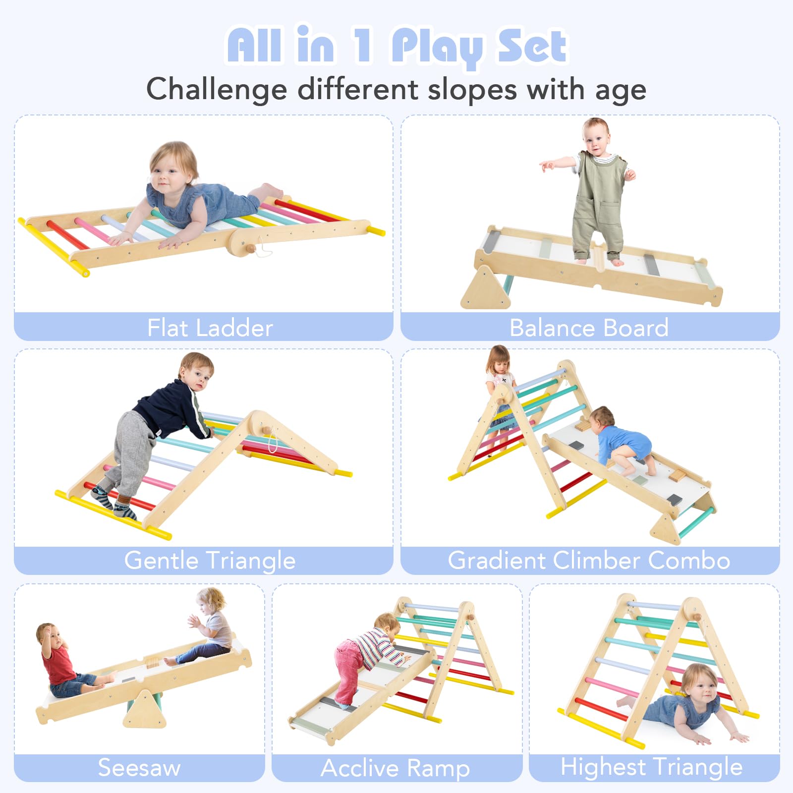 Pikler Triangle Set 7 in 1 Climbing Toys for Toddlers