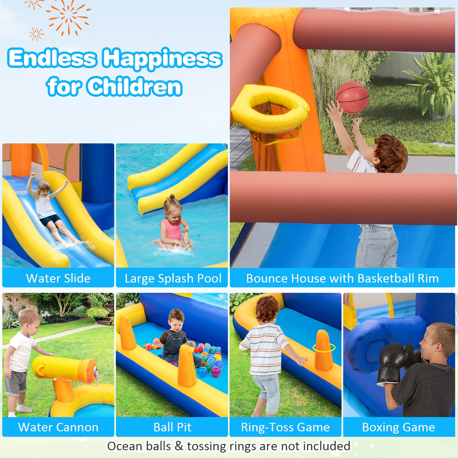 Inflatable Water Slide, Indoor Outdoor Inflatable Bounce House Jumping Castle for Kids w/Boxing Game, Splash Pool