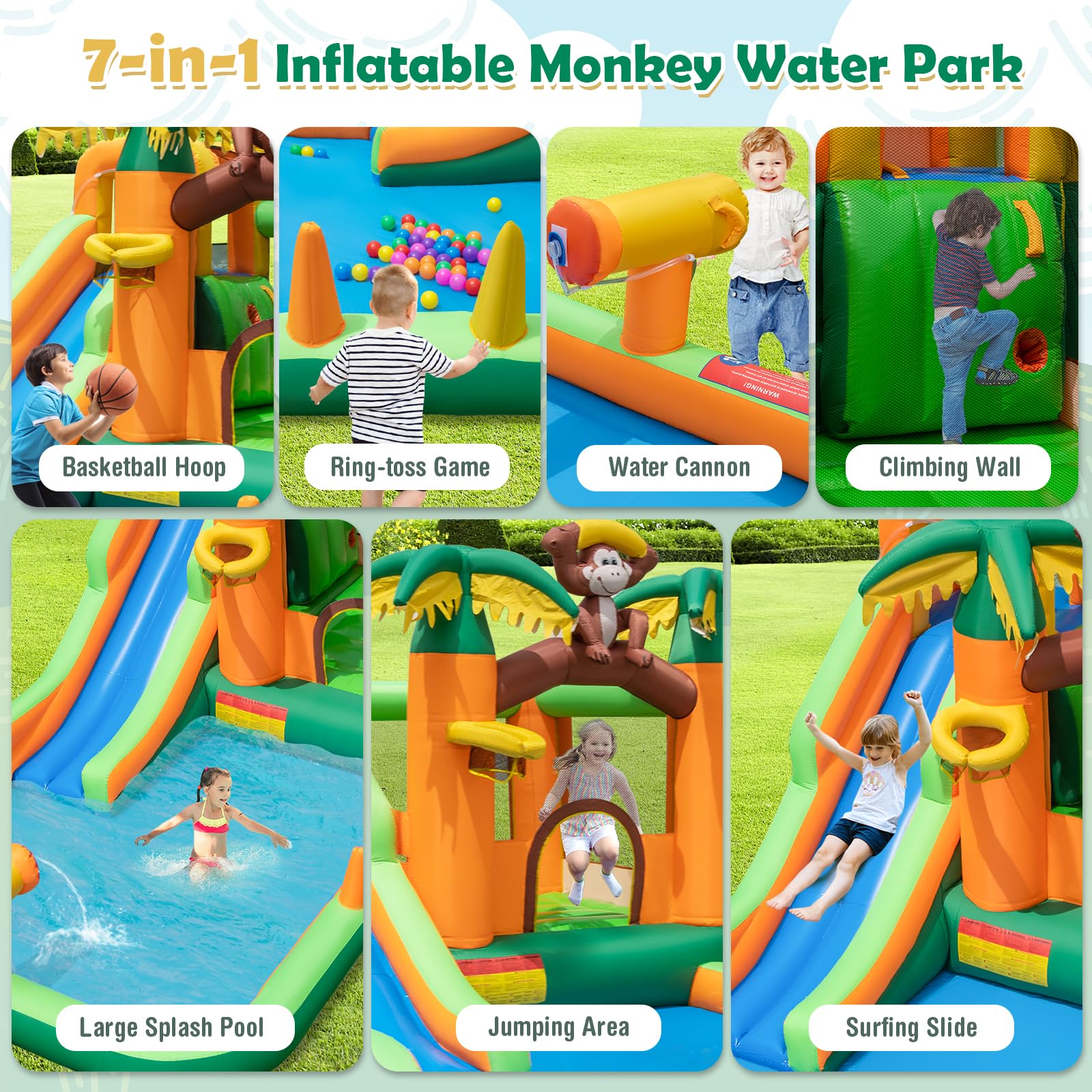 Inflatable Water Slide, 7-in-1 Bounce House Water Park w/Splash Pool