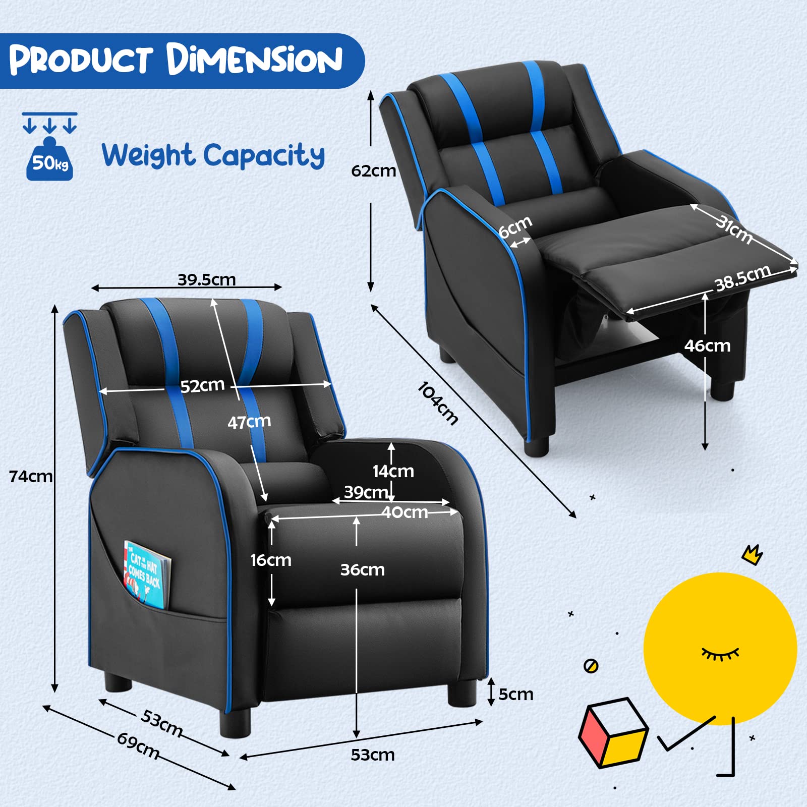 Kids Recliner Sofa Couch with Adjustable Backrest Footrest and High Density Sponge