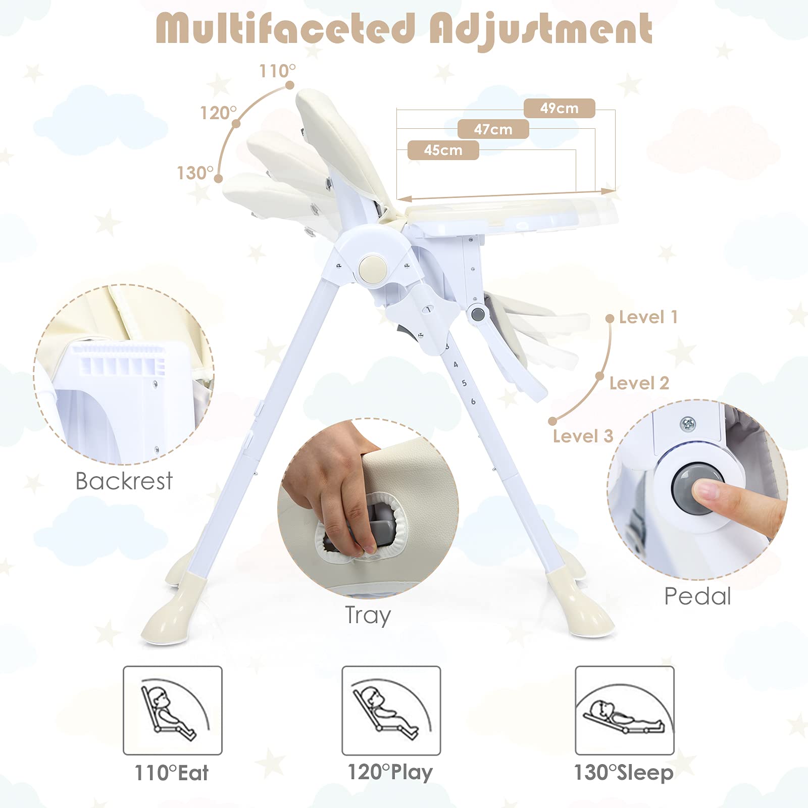 Baby High Chair Folding Highchair for Toddlers w/Adjustable Height