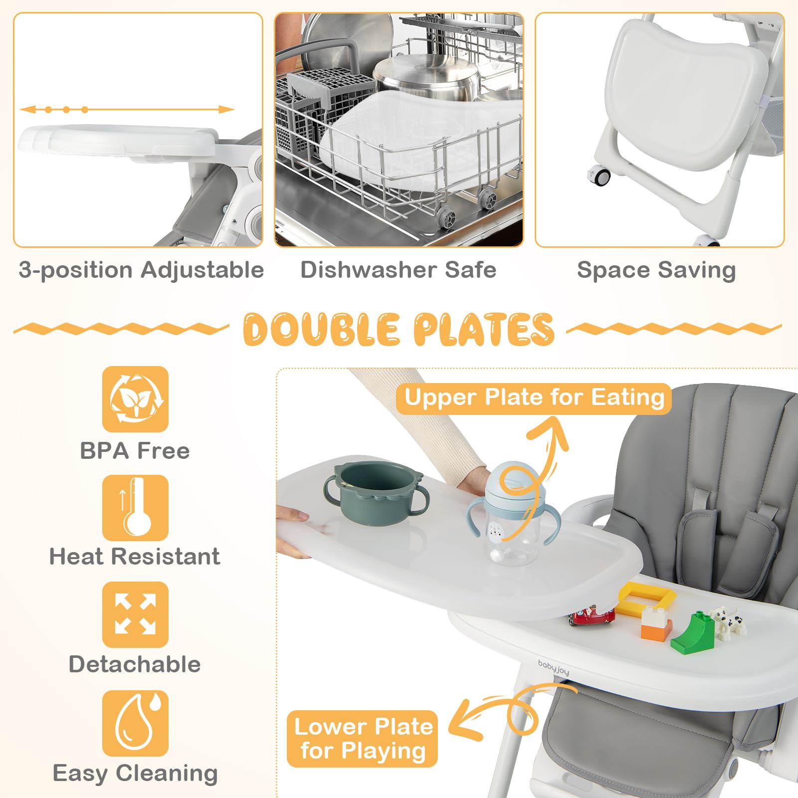Baby High Chair Foldable Highchair w/ 7 Heights 5 Recline Positions Adjustable Footrest