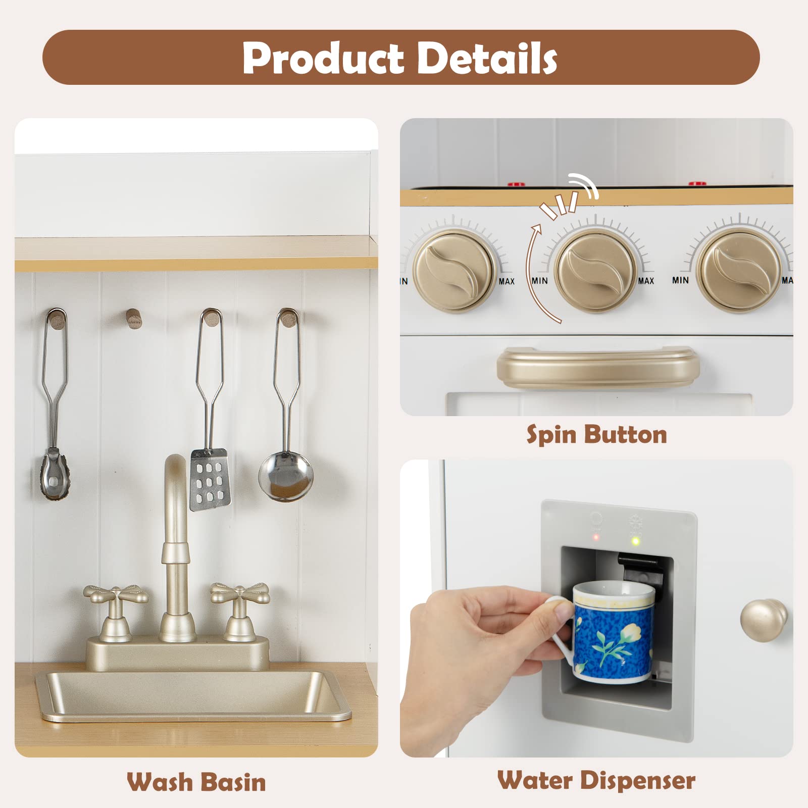 INFANS Kid Kitchen Playset Toddler Wooden Pretend Cooking Set with Realistic Light & Sound