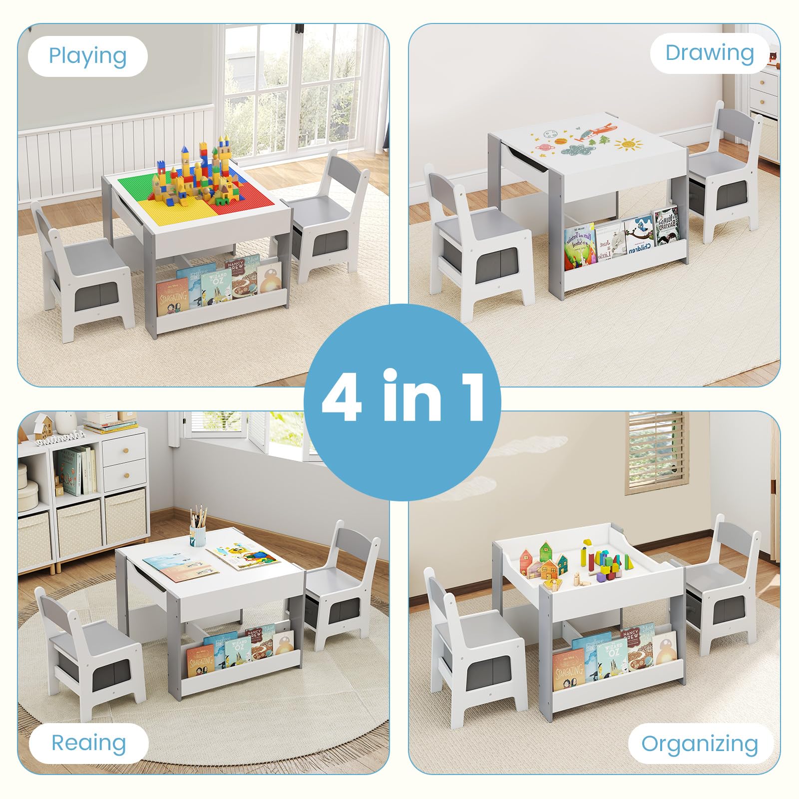 Kids Table and Chair Set, 4 in 1 Building Block Wooden Activity Desk with Reversible Tabletop Storage Drawers