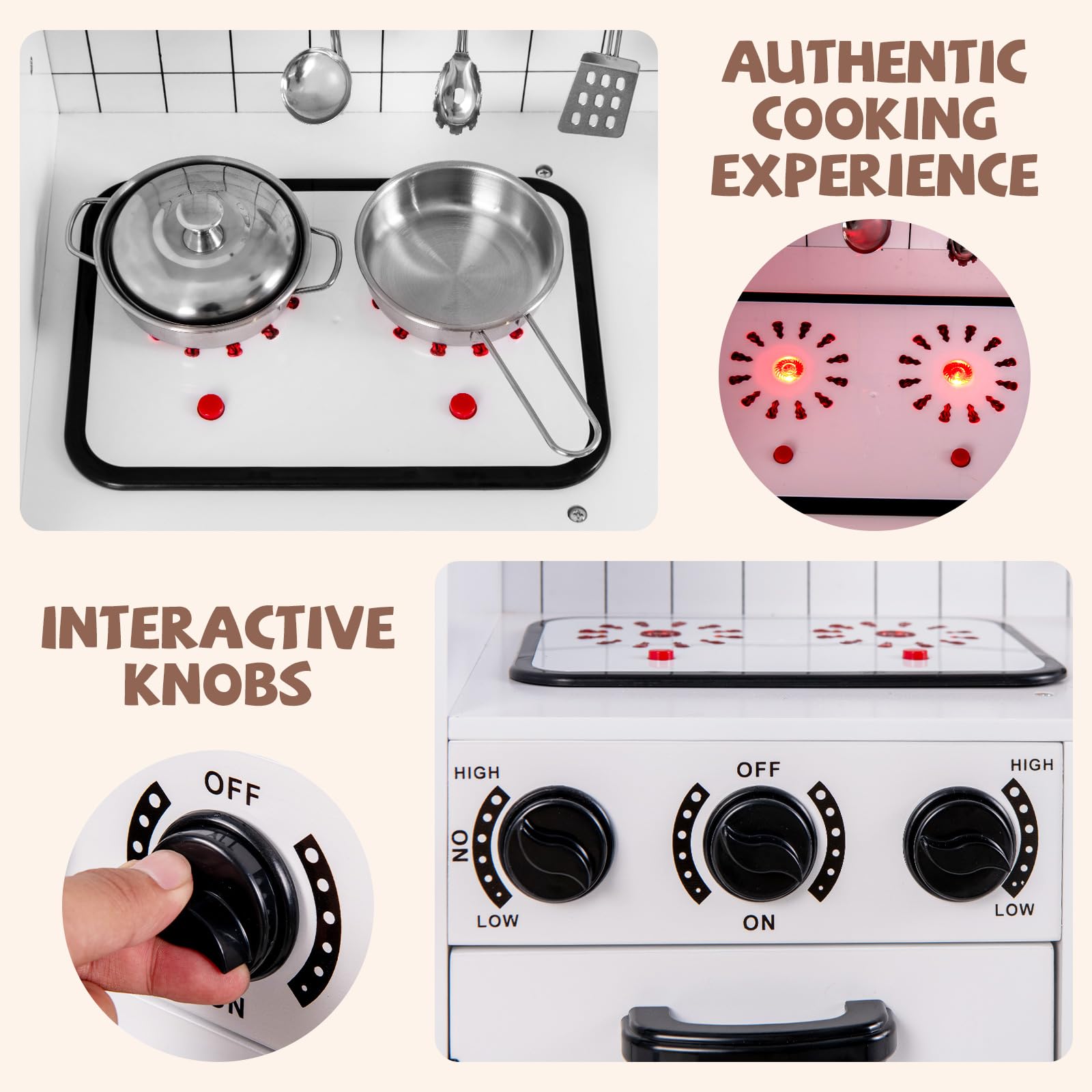 INFANS Play Kitchen for Kids, Wooden Kids Play Kitchen Playset with Realistic Light & Sounds