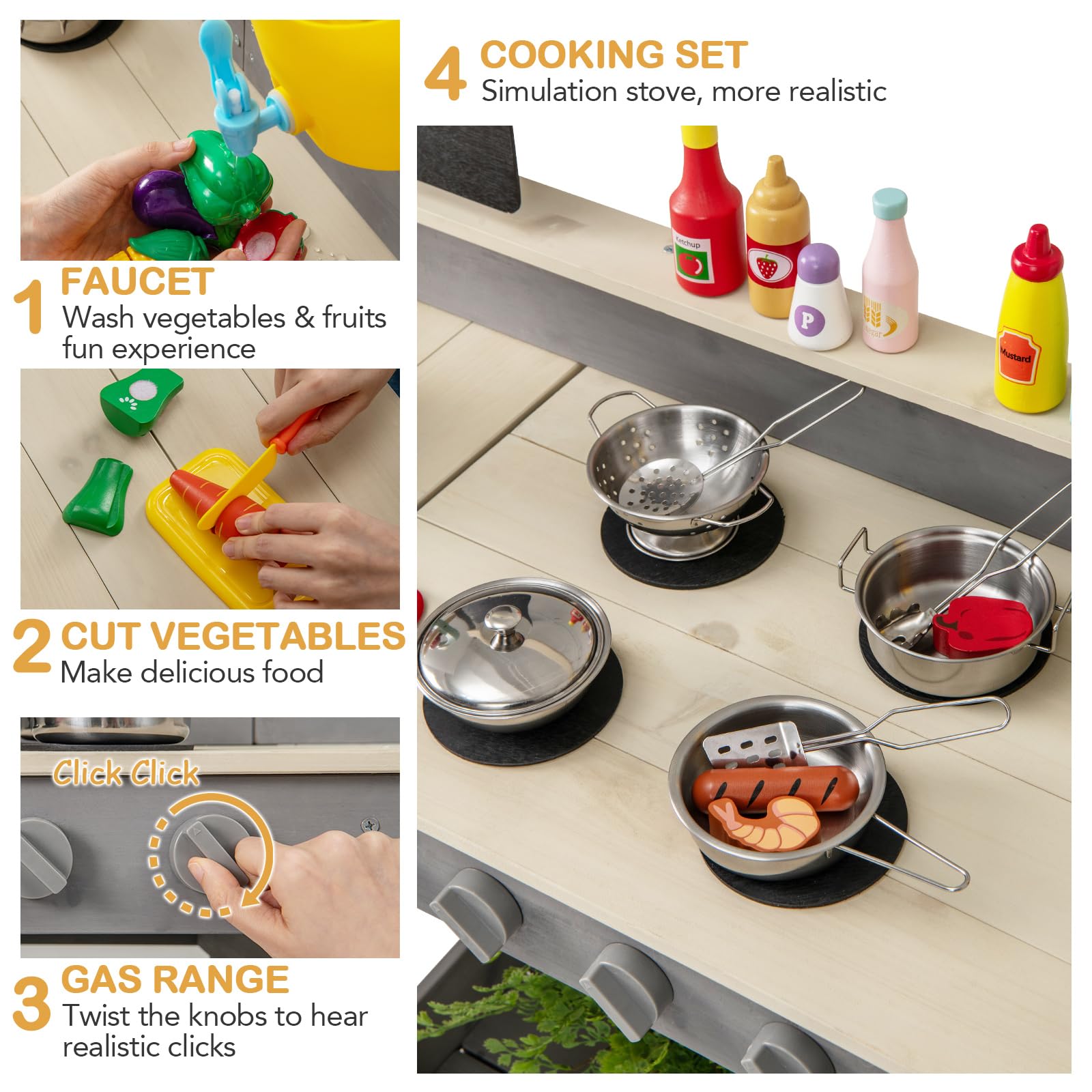 Outdoor Play Kitchen with Faucet Chalkboard Stoves Removable Sink Cooking Accessories
