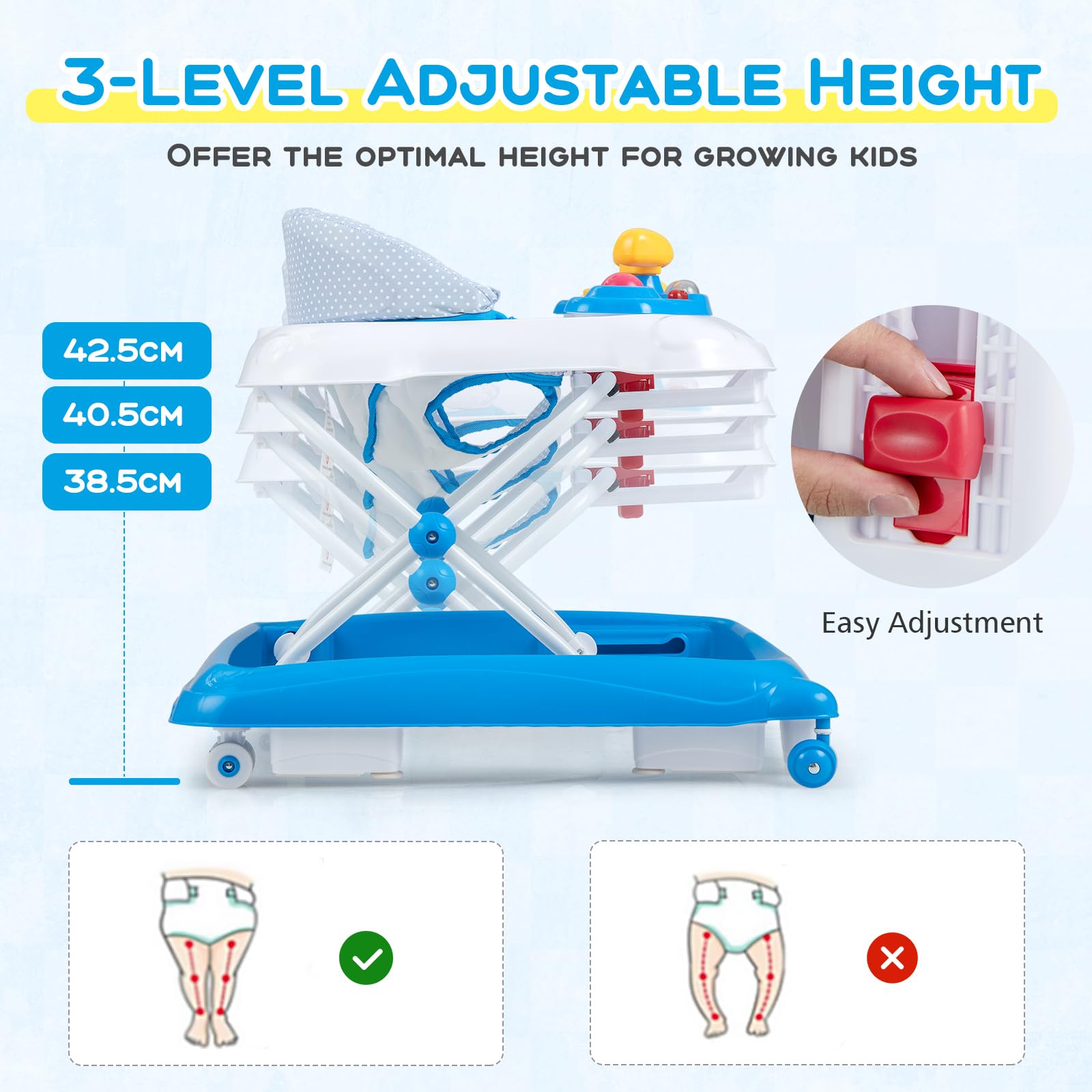 Foldable Baby Walker with 3 Adjustable Heights Comfy Padded Seat Lights and Music Tray