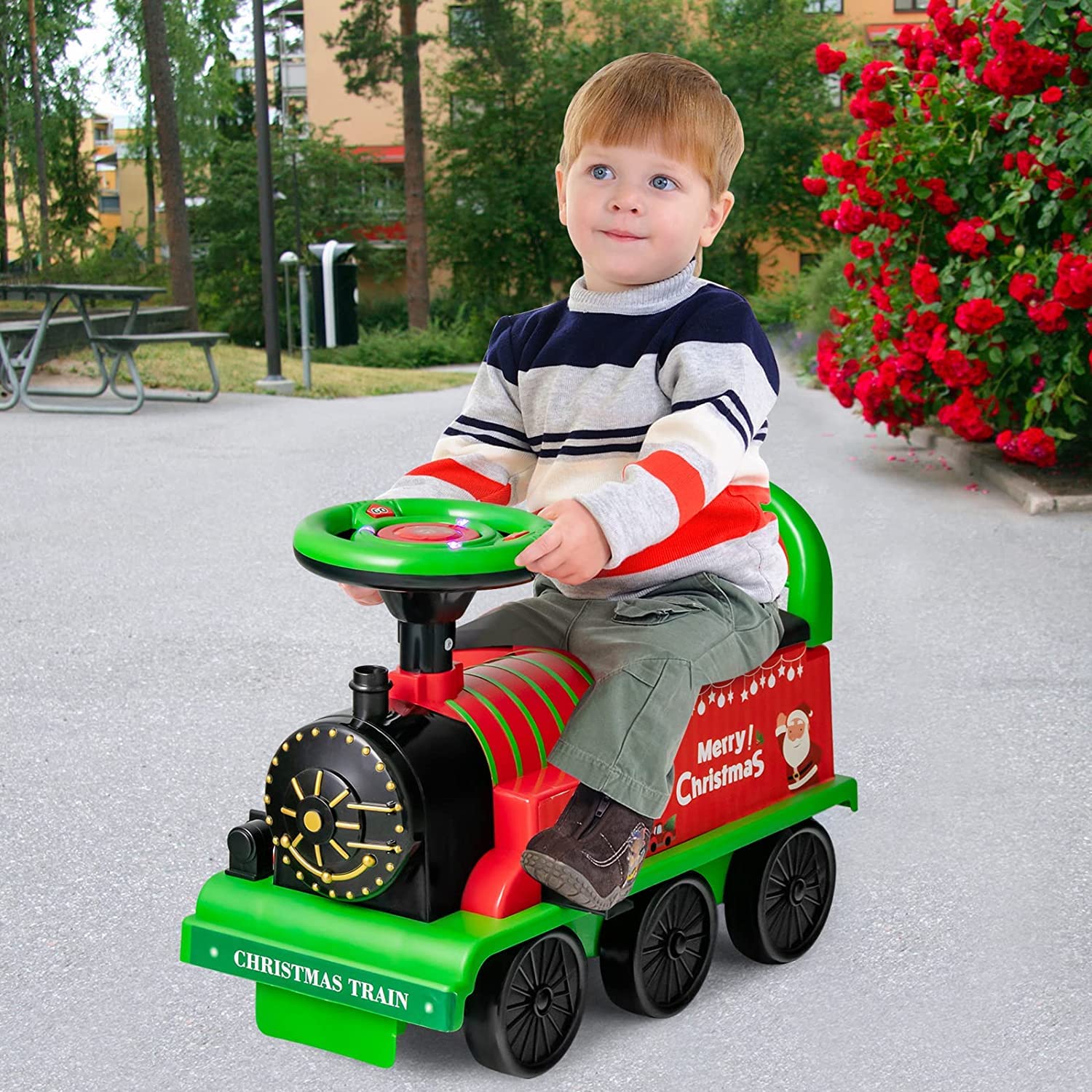 Ride on Train Track, 6V Electric Ride on Train with Tracks, Storage Seat, Flashing Lights & Music