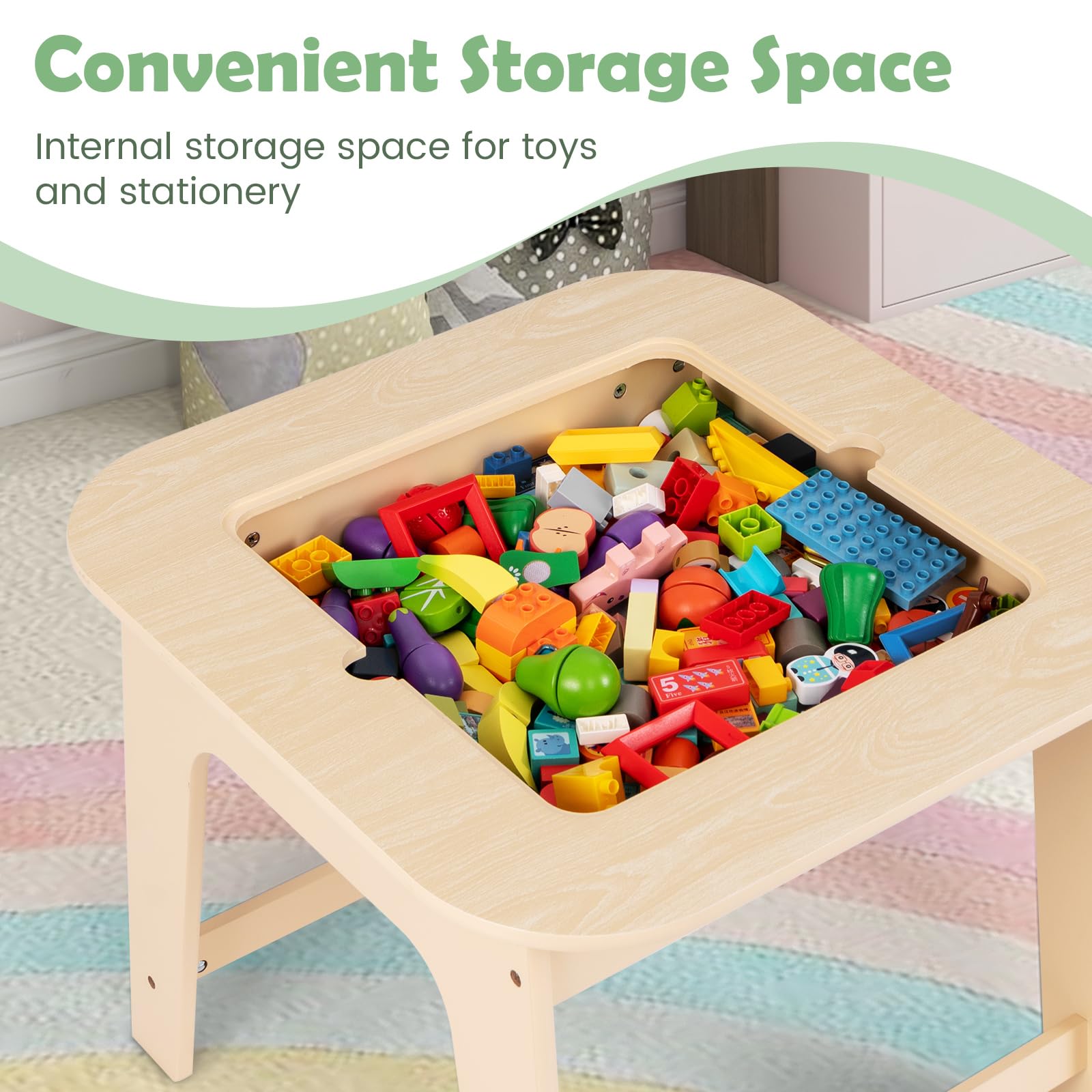 INFANS Kids Table and Chair Set, 3 in 1 Wooden Activity Table with Removable Blackboard and Whiteboard