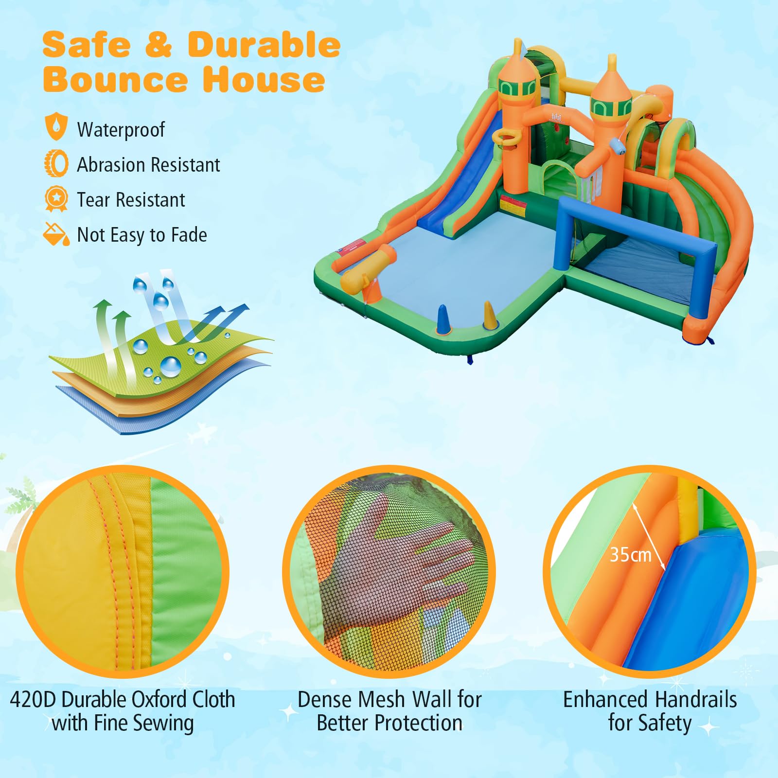 Inflatable Water Slide, Kids Water Park w/Long Slides, Splash Pools, Climbing Wall, Water Gun