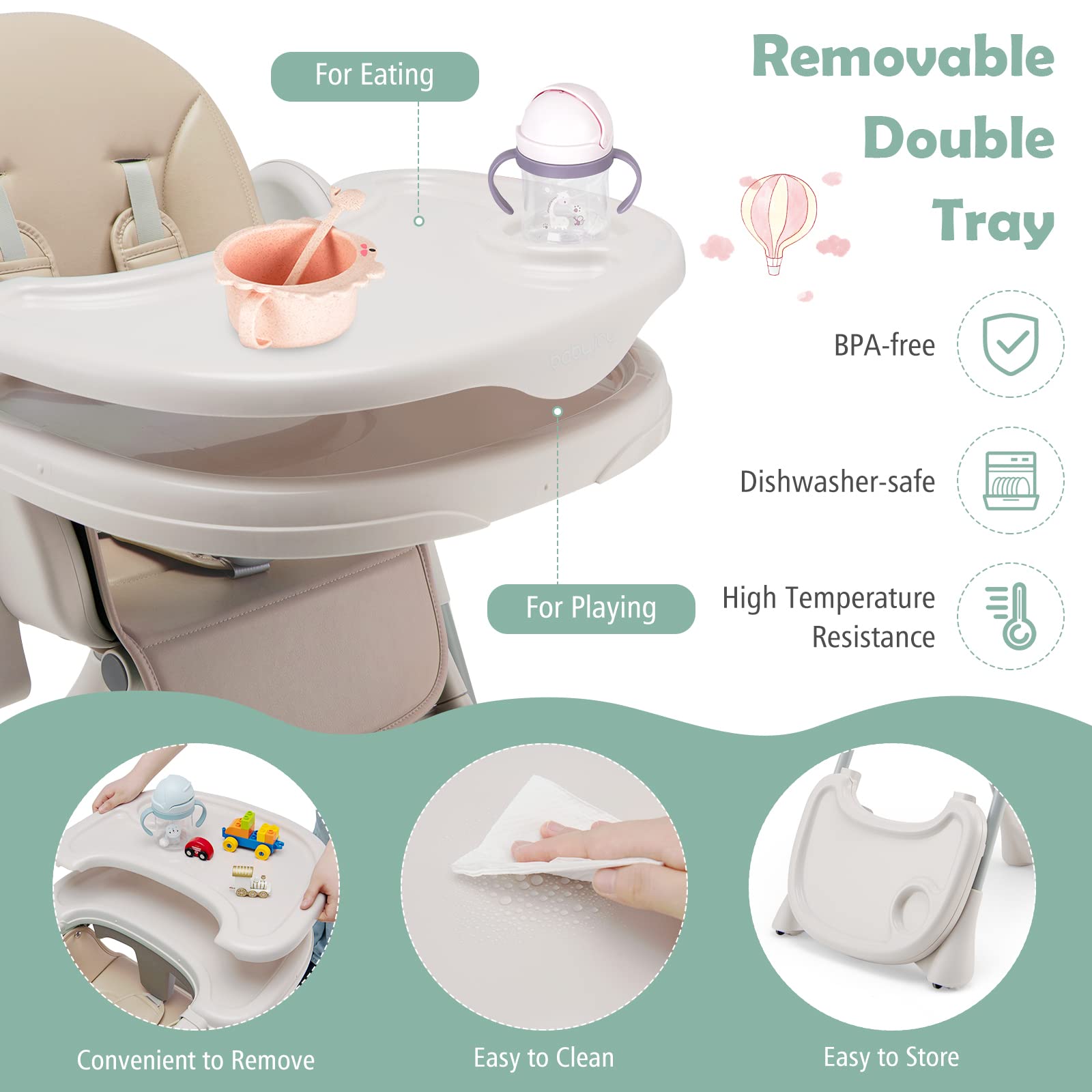3-In-1 Baby High Chair, Kids Dining Highchair with Reclining Seat