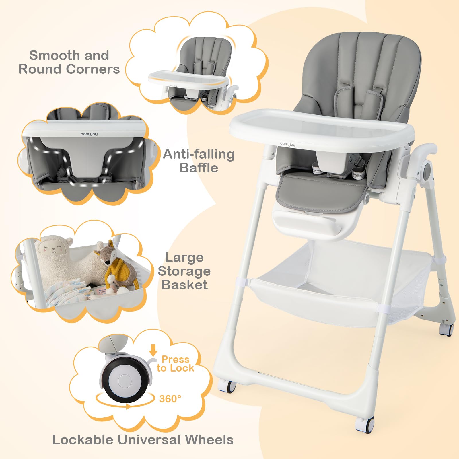 Baby High Chair Foldable Highchair w/ 7 Heights 5 Recline Positions Adjustable Footrest