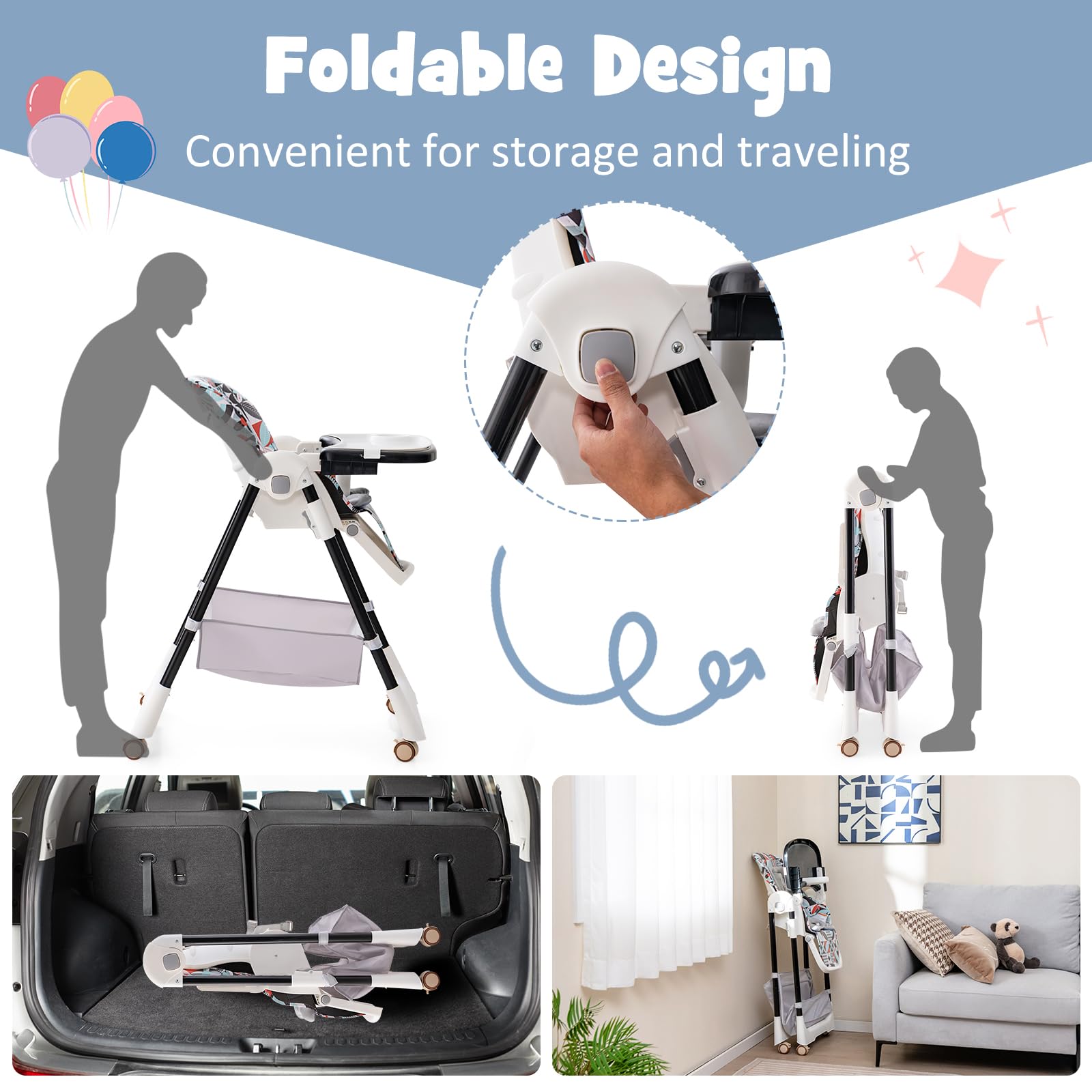 5-in-1 folding baby high chair with wheels and footstool