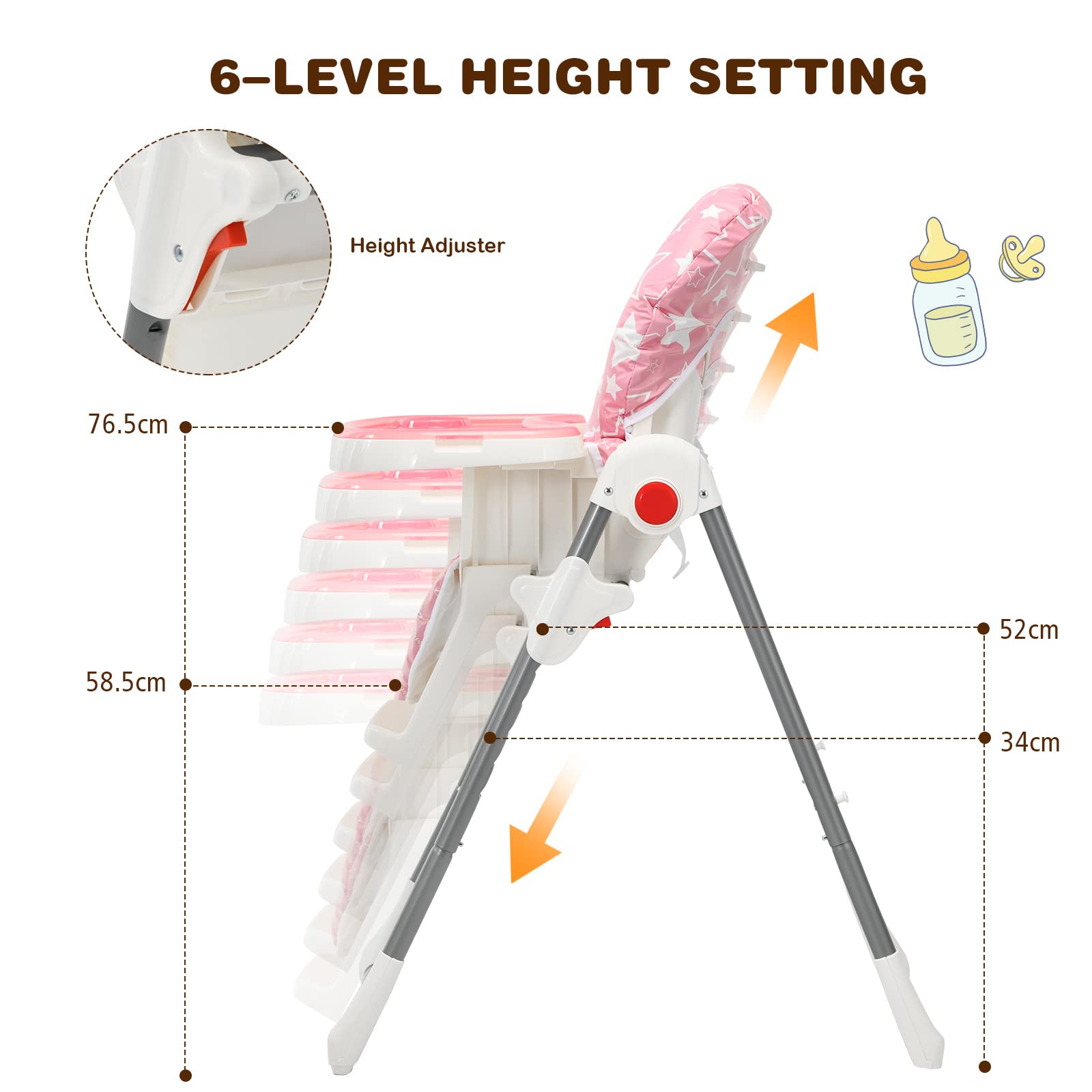 Folding Baby Highchair Eating Feeding Table Booster Seat with 6-Level Height Adjustment
