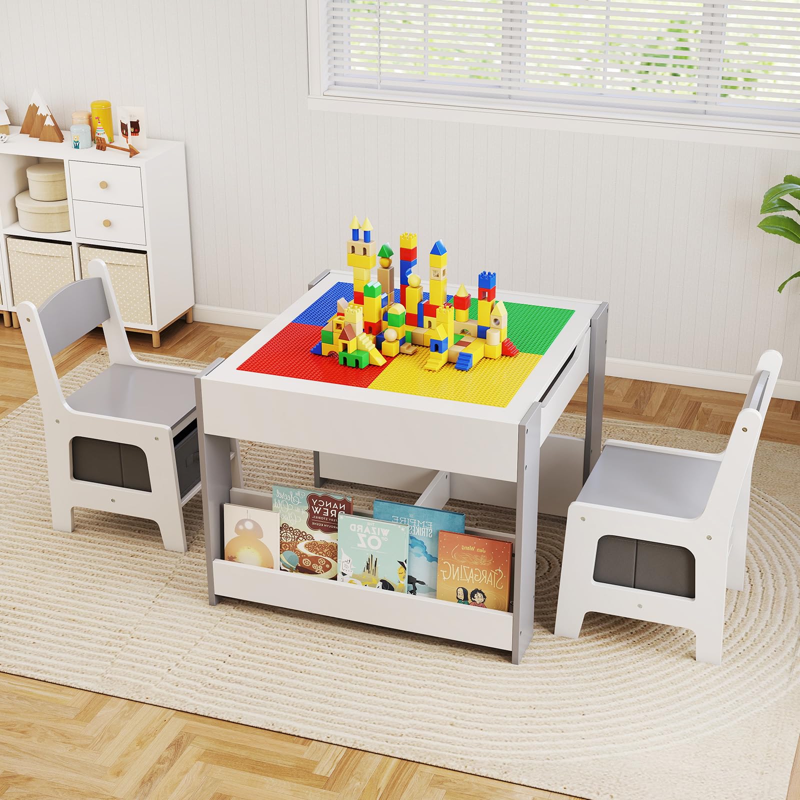 Kids Table and Chair Set, 4 in 1 Building Block Wooden Activity Desk with Reversible Tabletop Storage Drawers