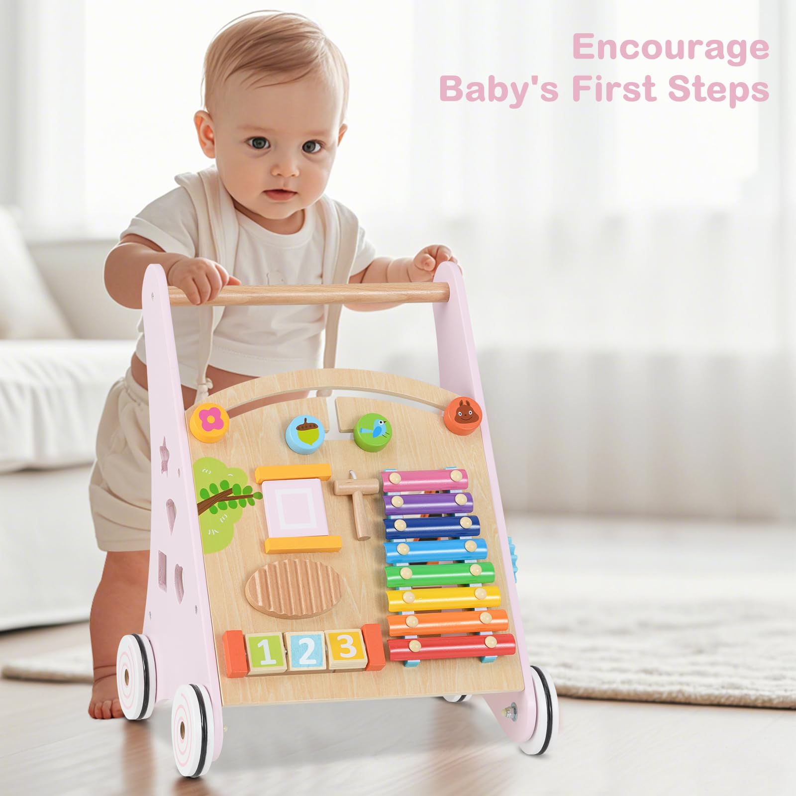 INFANS Wooden Baby Walker, Montessori Walker with Multiple Activity Toys
