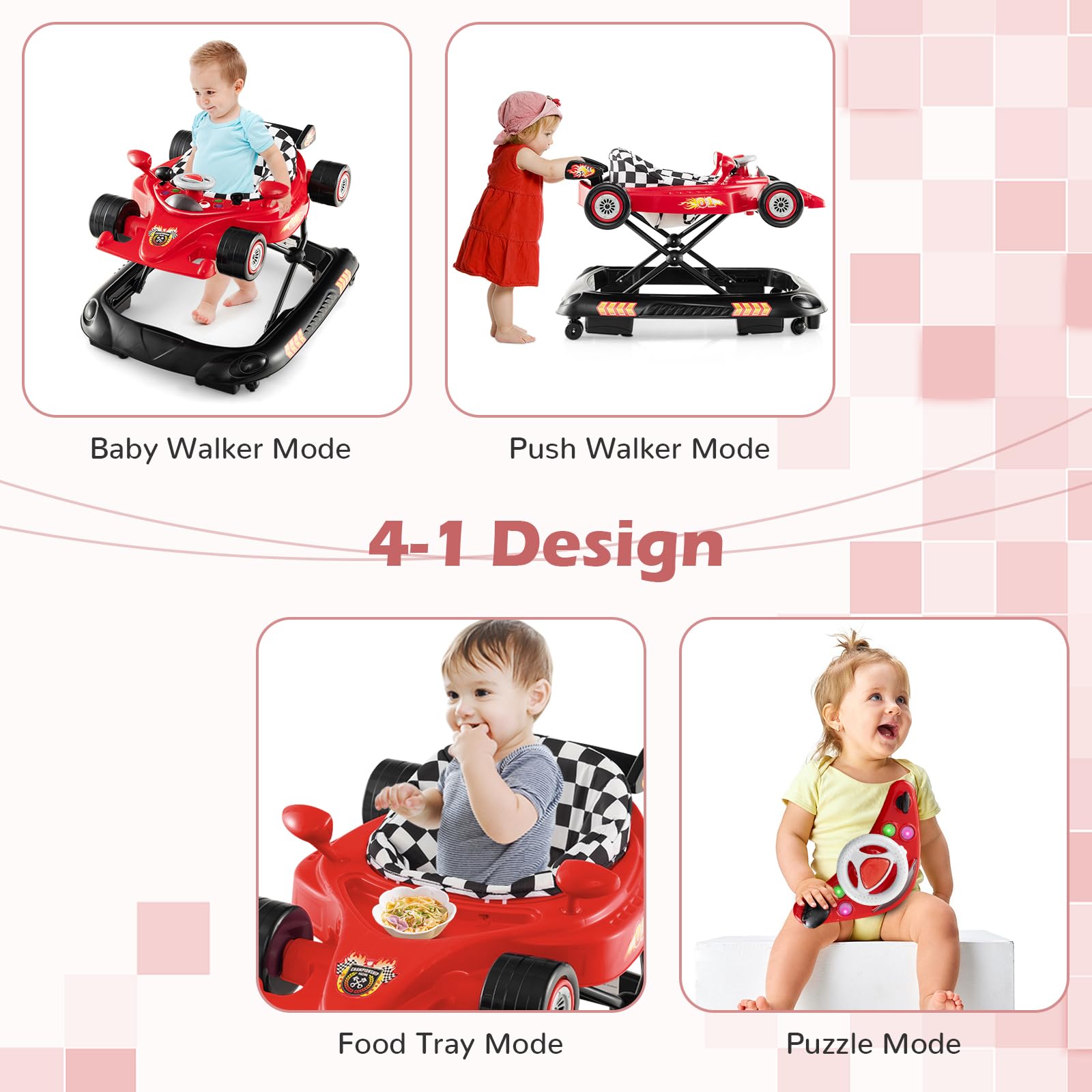 Foldable Baby Walker with 3 Adjustable Height Settings for 7-14 Months Boys Girls