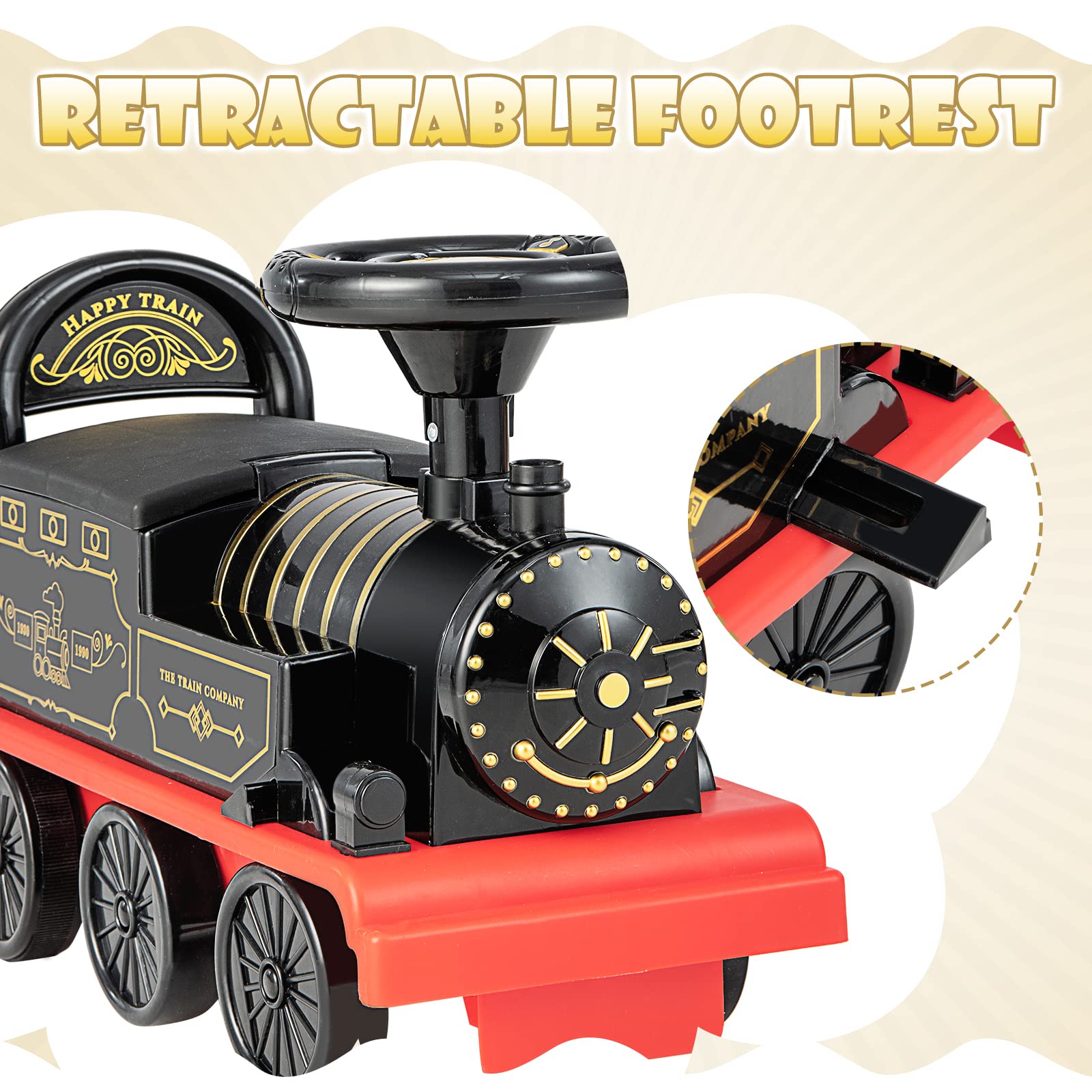 OLAKIDS Kids Ride On Train with Track 6V Electric Toy with Lights and Sounds