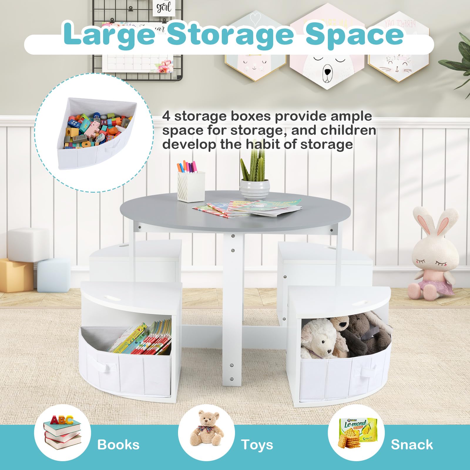 Toddler Table and Chair Set with 4 Storage Stools, Wooden Flower Shaped Nesting Table Blackboard Drawers