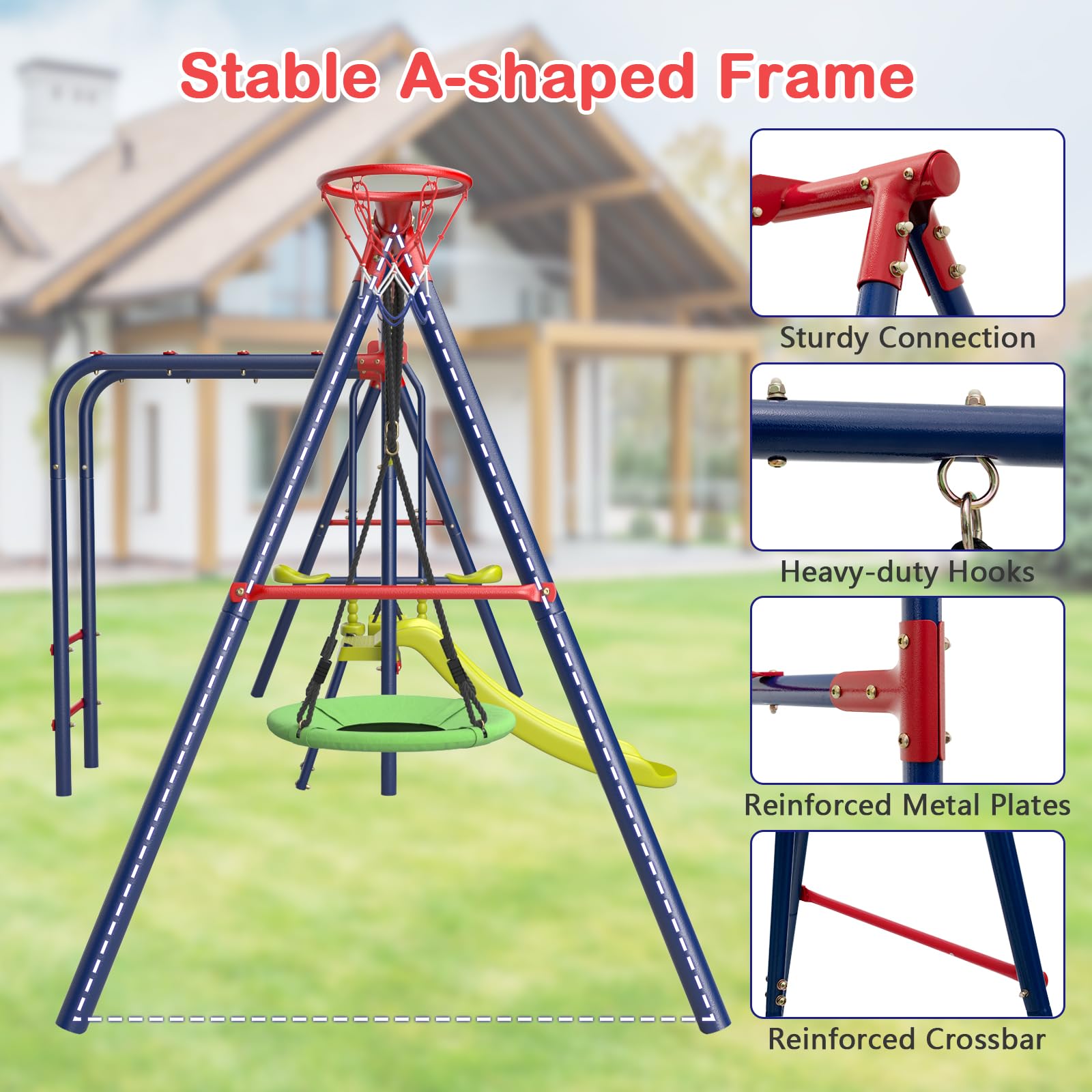 OLAKIDS 660lbs Swing Set, Outdoor A-Frame Heavy Duty Metal Swing Stand with Monkey Bar for Kids