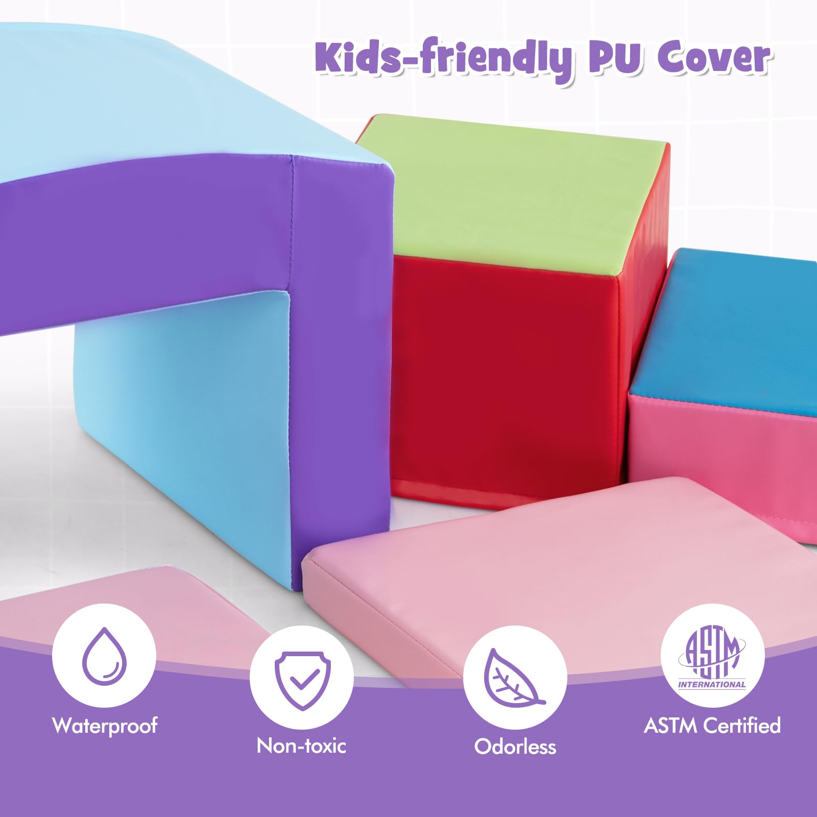 OLAKIDS Climbing Toys for Toddlers, 7 Piece Indoor Baby Foam Blocks Soft Play Set with PU Leather