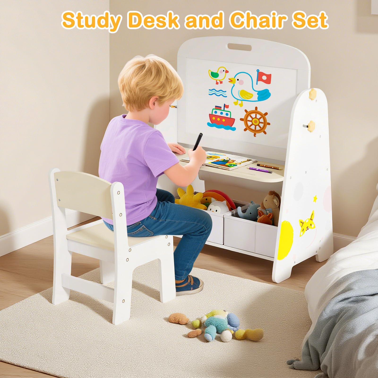Easel for Kids with Stool, 4-in-1 Double-Sided Adjustable Magnetic Chalkboard with Paper Roll