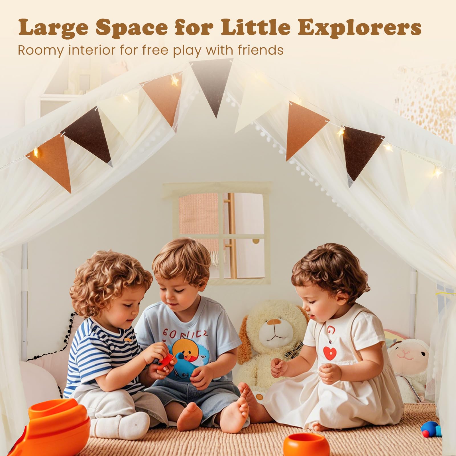 INFANS Kids Play Tent, Large Size Playhouse with Washable Cotton Mat Star Light Windows Plaid Pennants