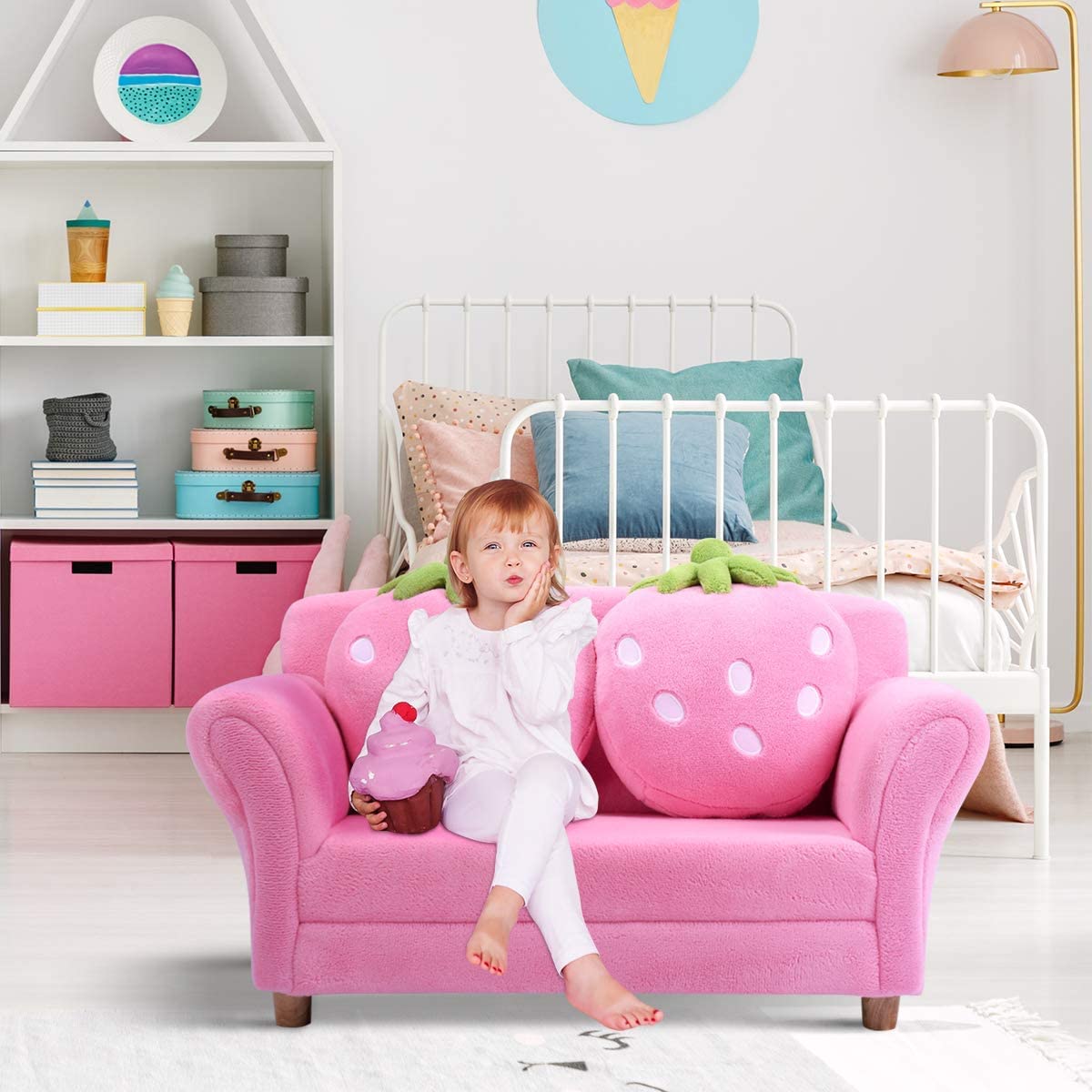 Children Couch Armrest Chair Double Seats with Strawberry Pillows
