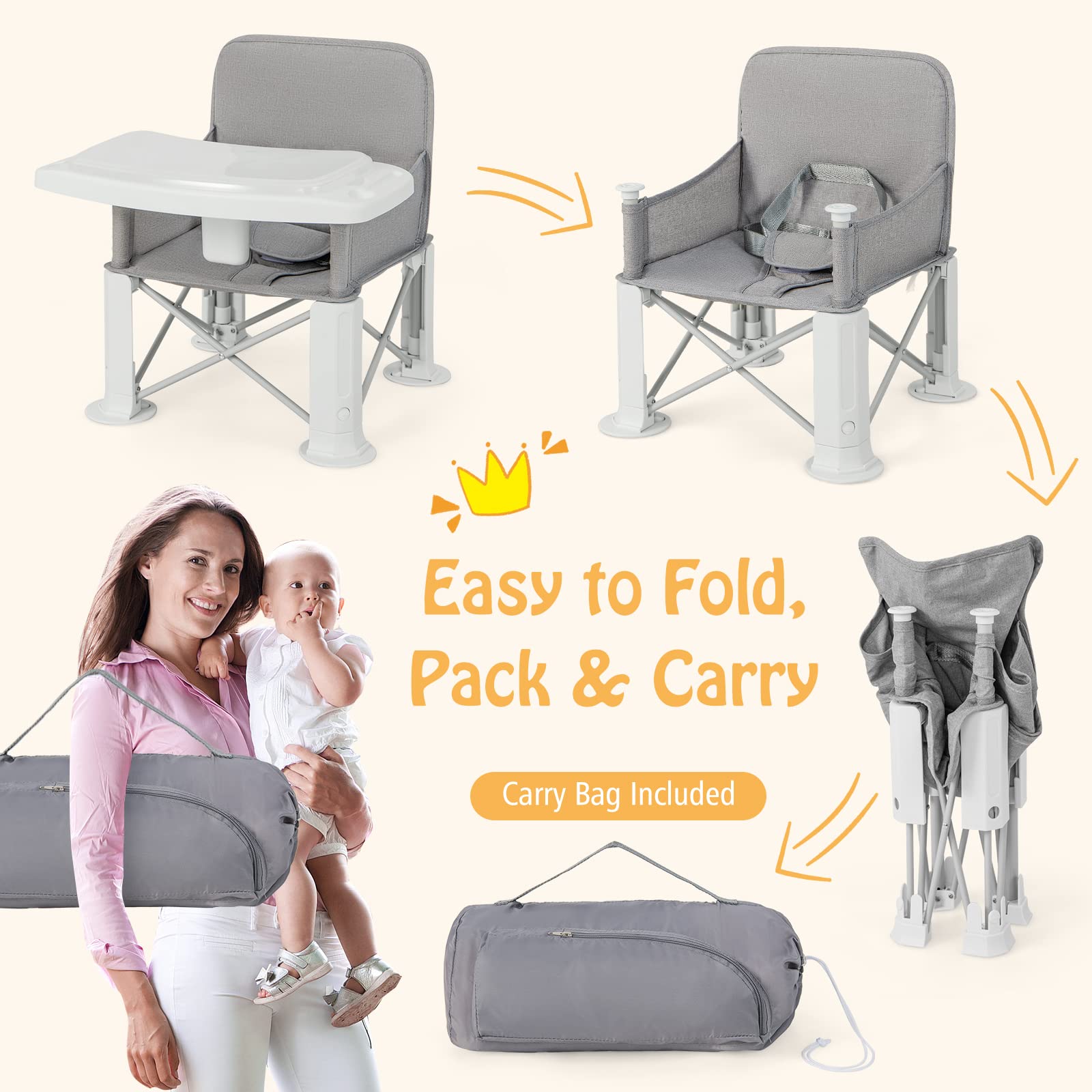Baby Travel Booster Seat Portable Folding Toddler Floor Dining Chair w/Removable Swivel Double Tray