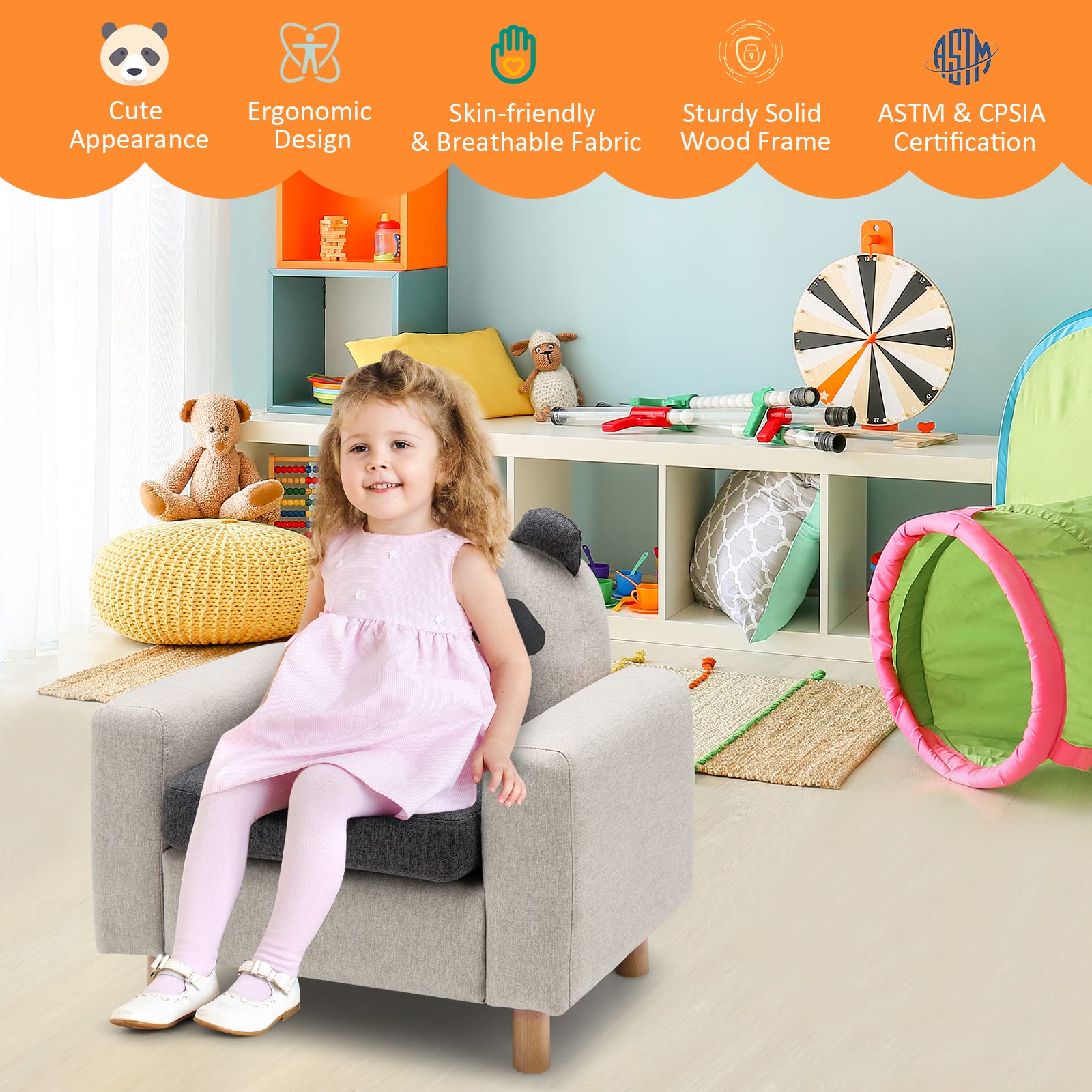 Kids Sofa Wooden Armrest Chair Couch with Thick Cushion Beech Legs