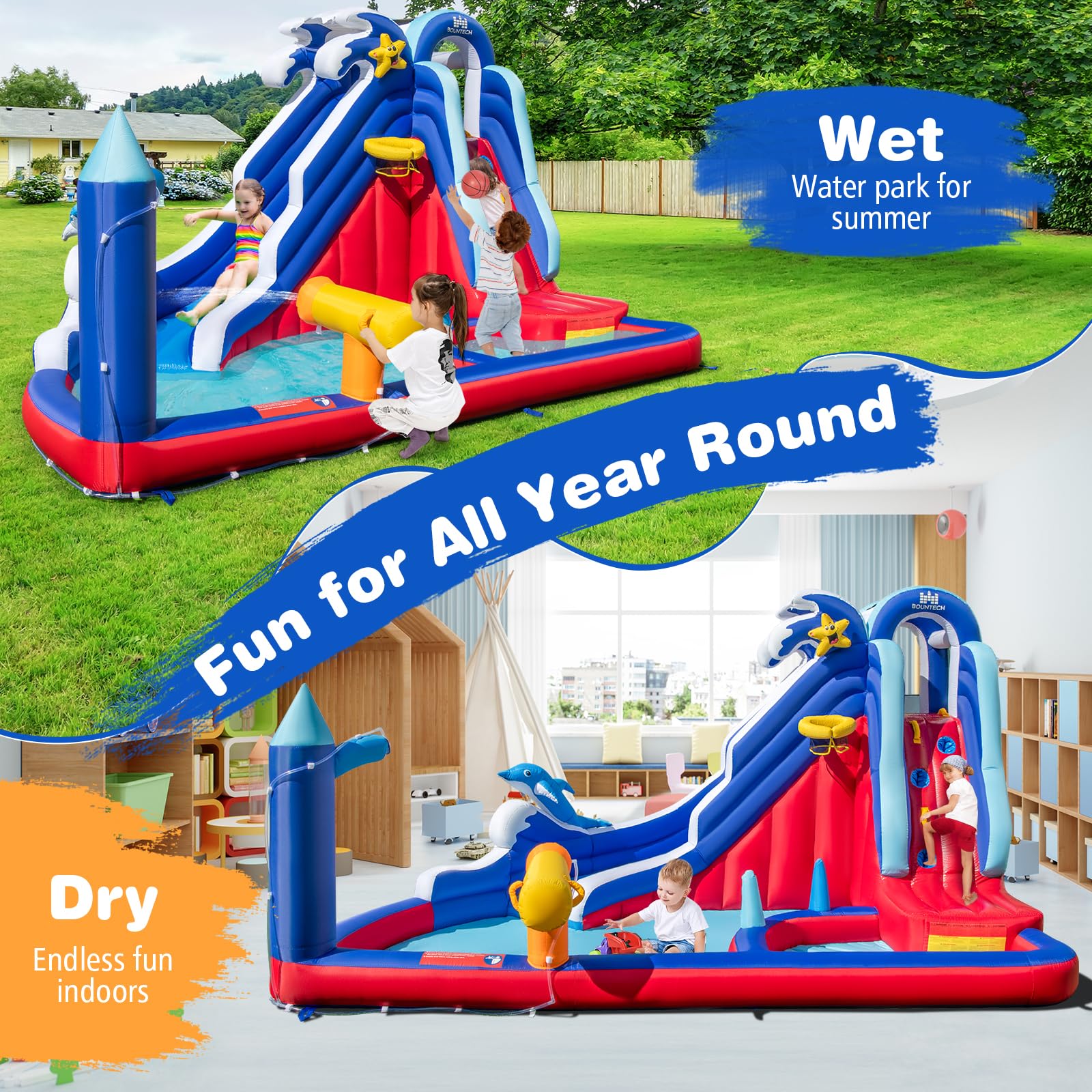 Inflatable Water Slide, Dolphin Theme Kids Bounce House Water Park w/Long Slide