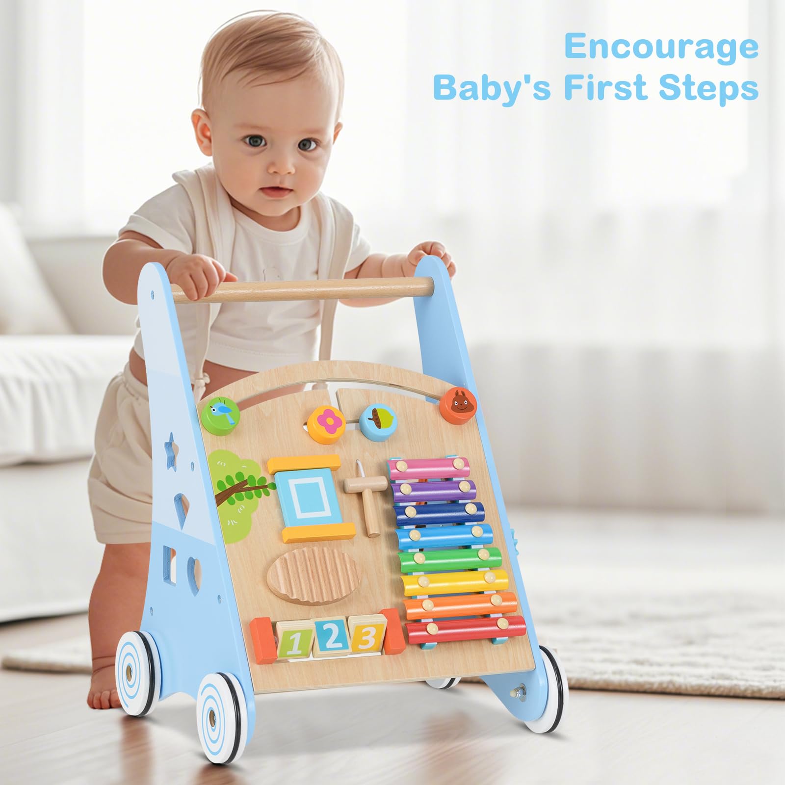 INFANS Wooden Baby Walker, Montessori Walker with Multiple Activity Toys