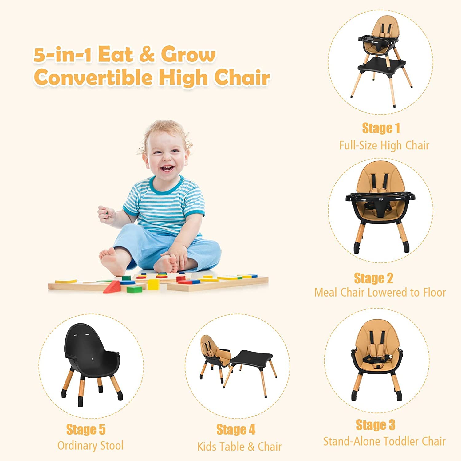 5-in-1 High Chair Convertible High Chairs for Babies & Toddlers/Booster Seat/Table & Chair Set