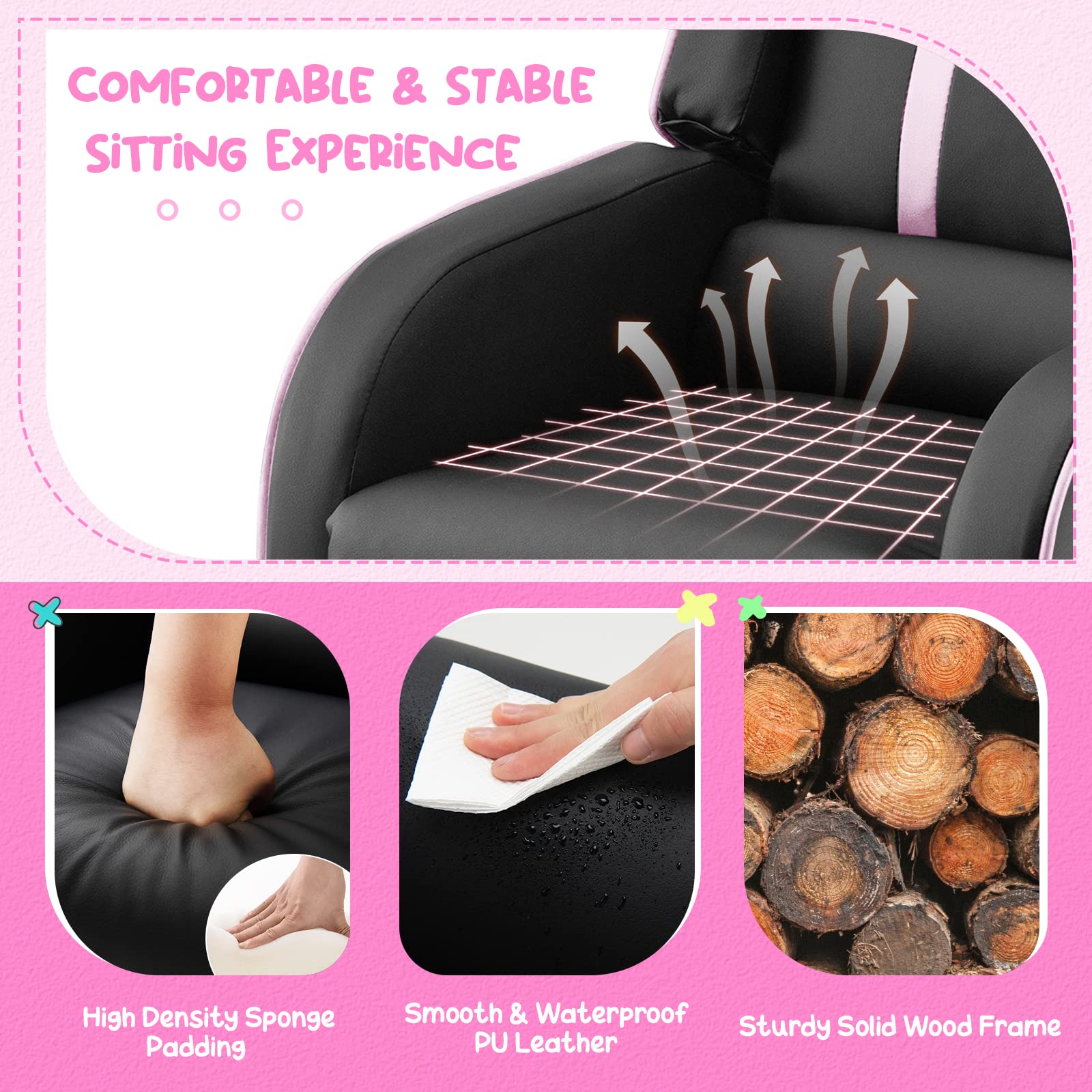 Kids Recliner Sofa Couch with Adjustable Backrest Footrest and High Density Sponge