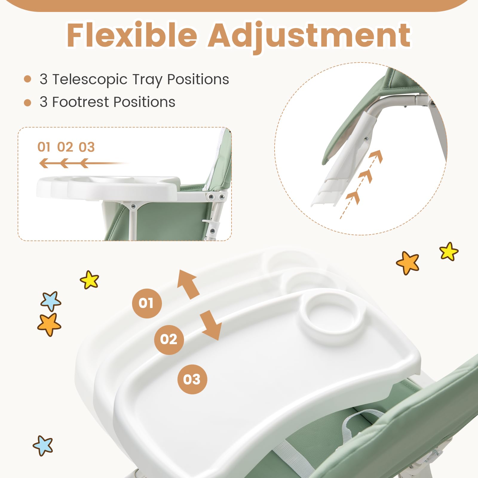 oldable High Chair Easy Clean Compact Highchair with Removable Adjustable Tray and PU Seat Cushion