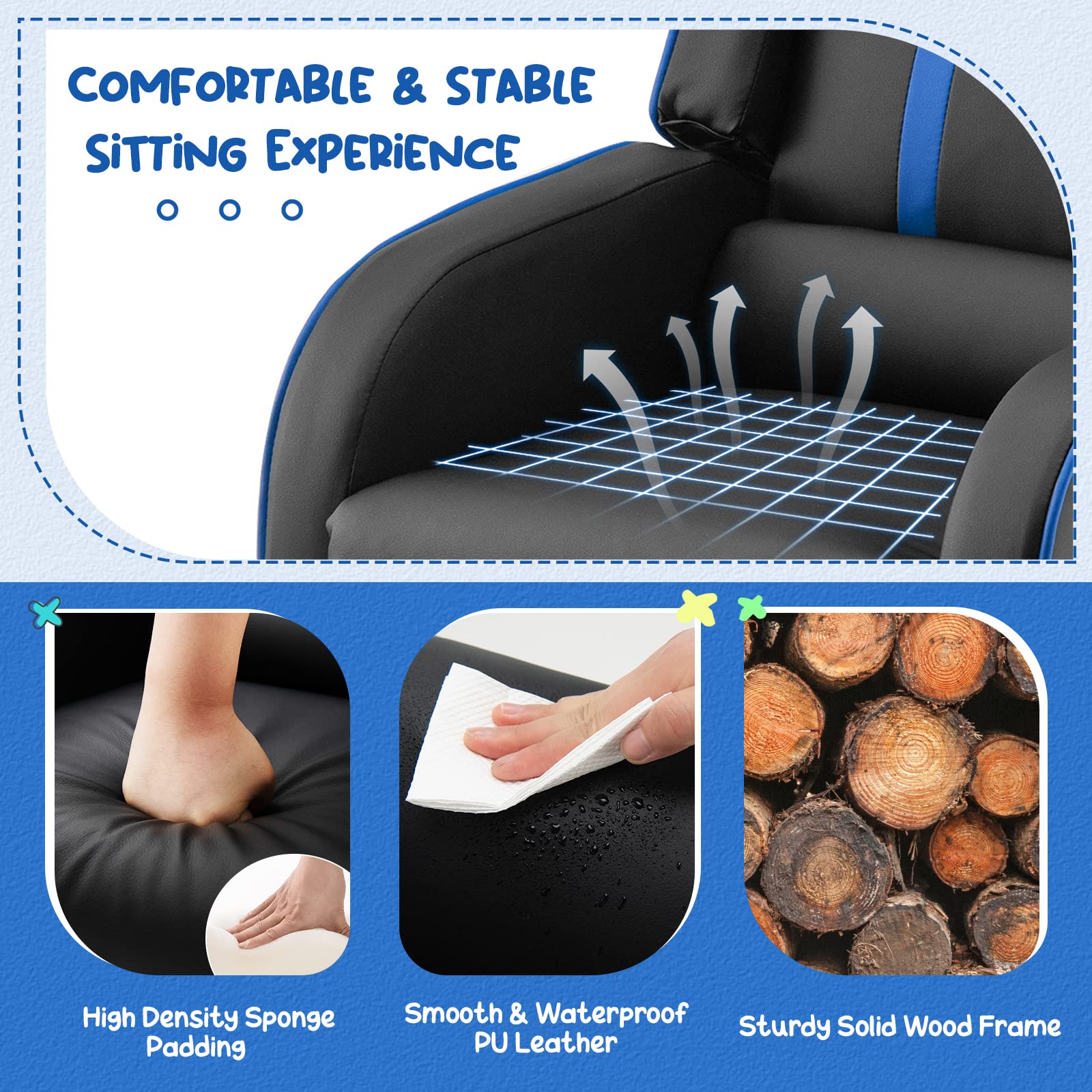 Kids Recliner Sofa Couch with Adjustable Backrest Footrest and High Density Sponge