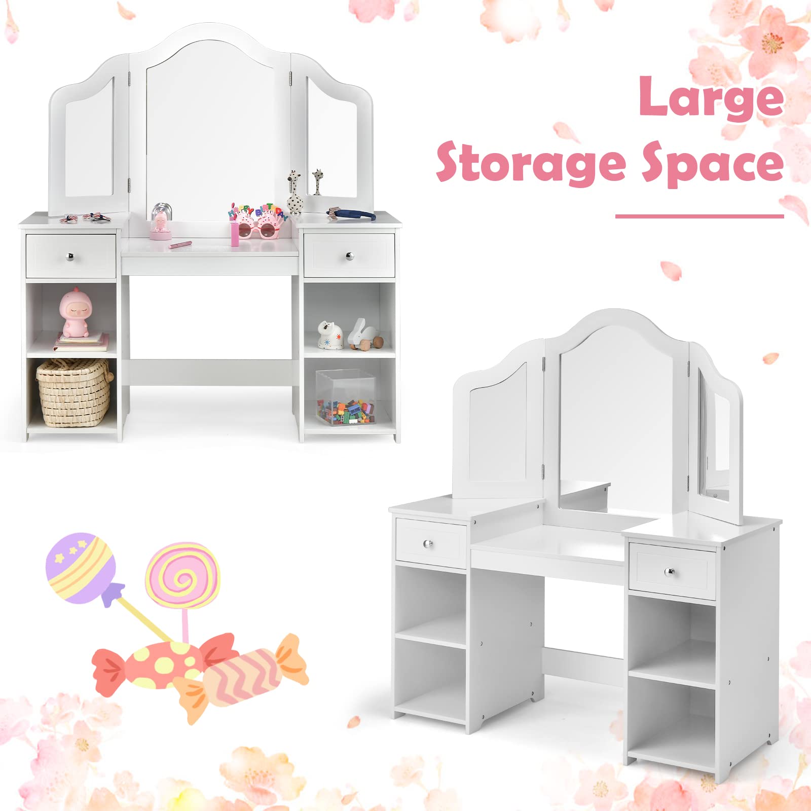INFANS 2 in 1 Princess Makeup Desk and Chair Set with Drawers Tri-Folding Detachable Mirror Large Storage Shelves