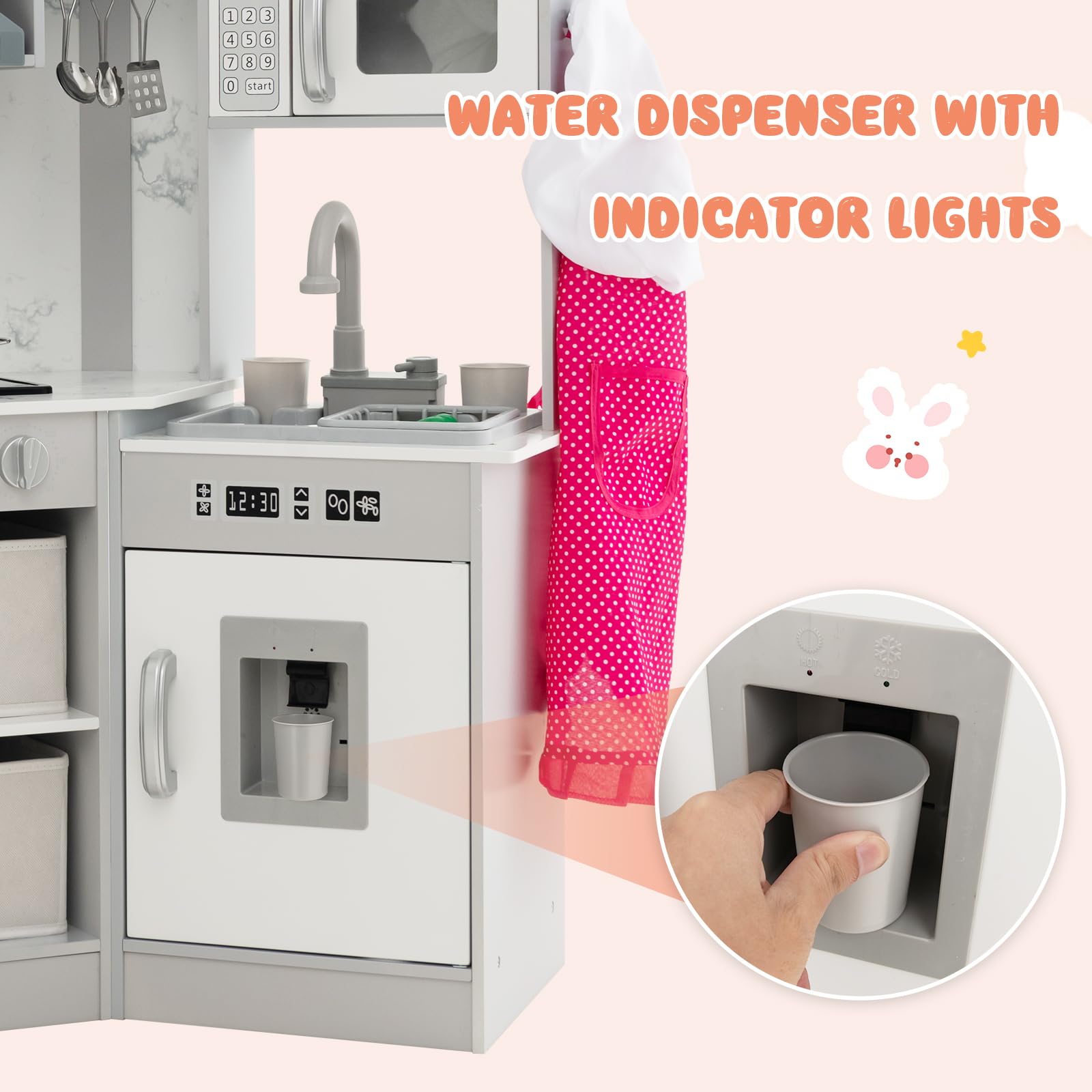 INFANS Corner Kids Kitchen Playset with Real Running Water Circulation Realistic Light Sound Stove Storage Cabinet