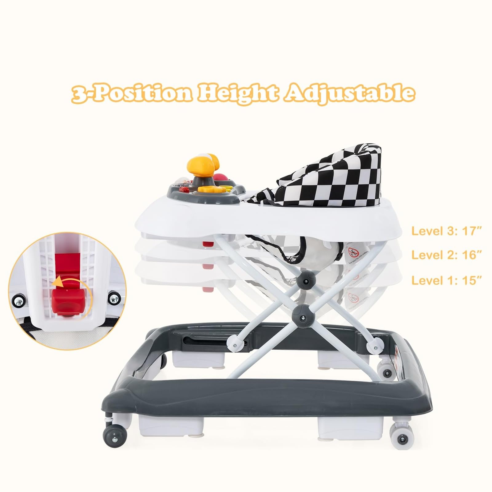 INFANS Foldable Baby Walker 3 in 1 Toddler Walker Leaning-Seated Walk-Behind with Removable Music Tray
