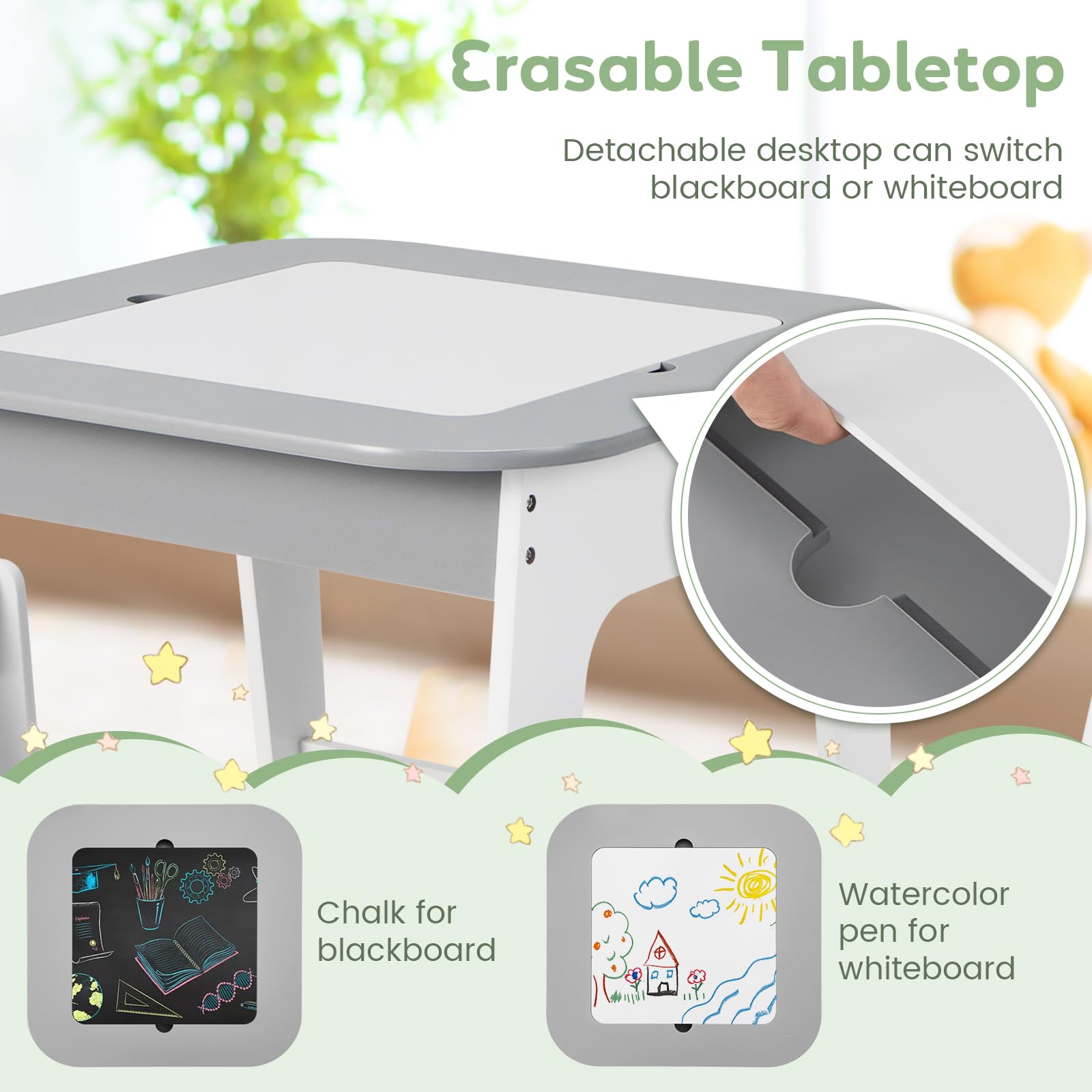INFANS Kids Table and Chair Set, 3 in 1 Wooden Activity Table with Removable Blackboard and Whiteboard