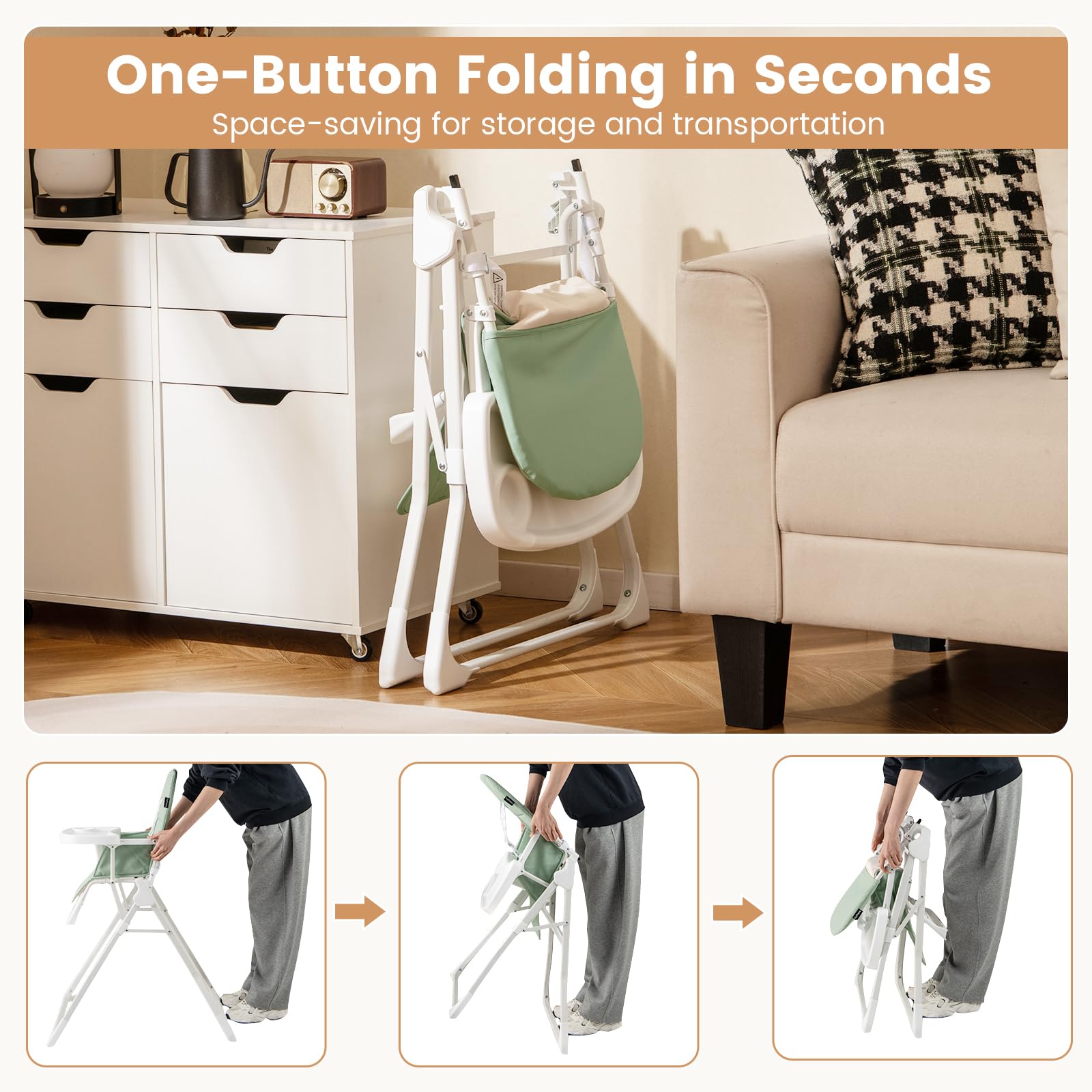 oldable High Chair Easy Clean Compact Highchair with Removable Adjustable Tray and PU Seat Cushion