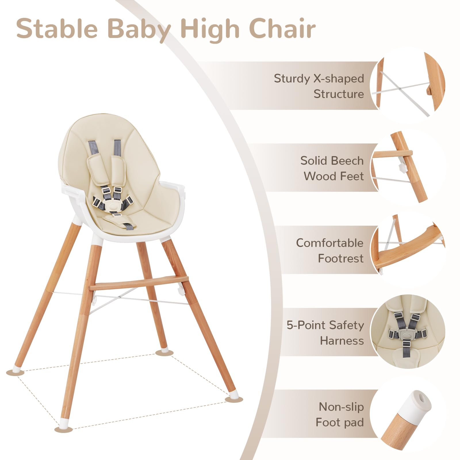 Baby High Chair Wooden Highchair for Babies Infants with/Double 4-Gear Tray