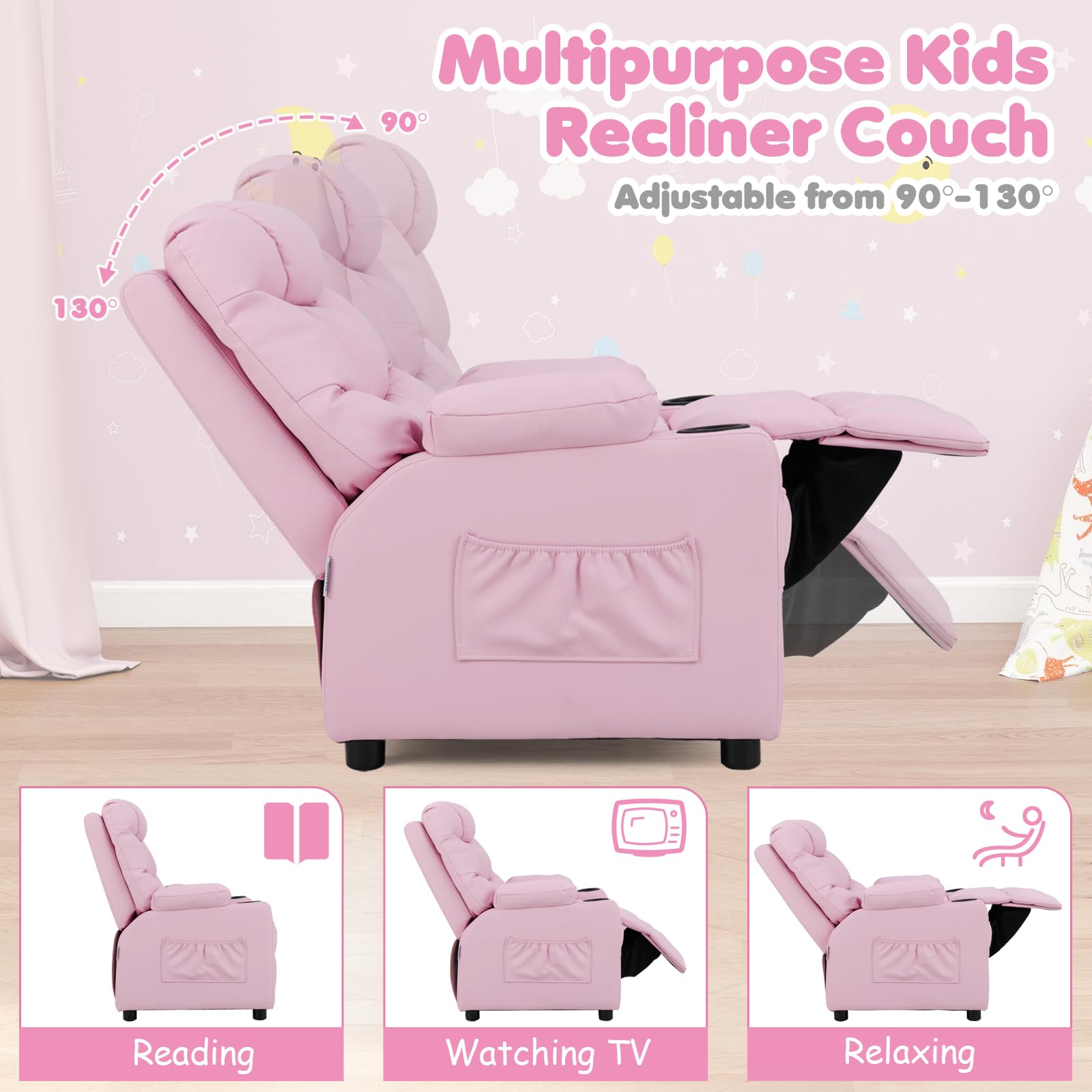 Kids PU Leather Recliner with Cup Holder and Footrest