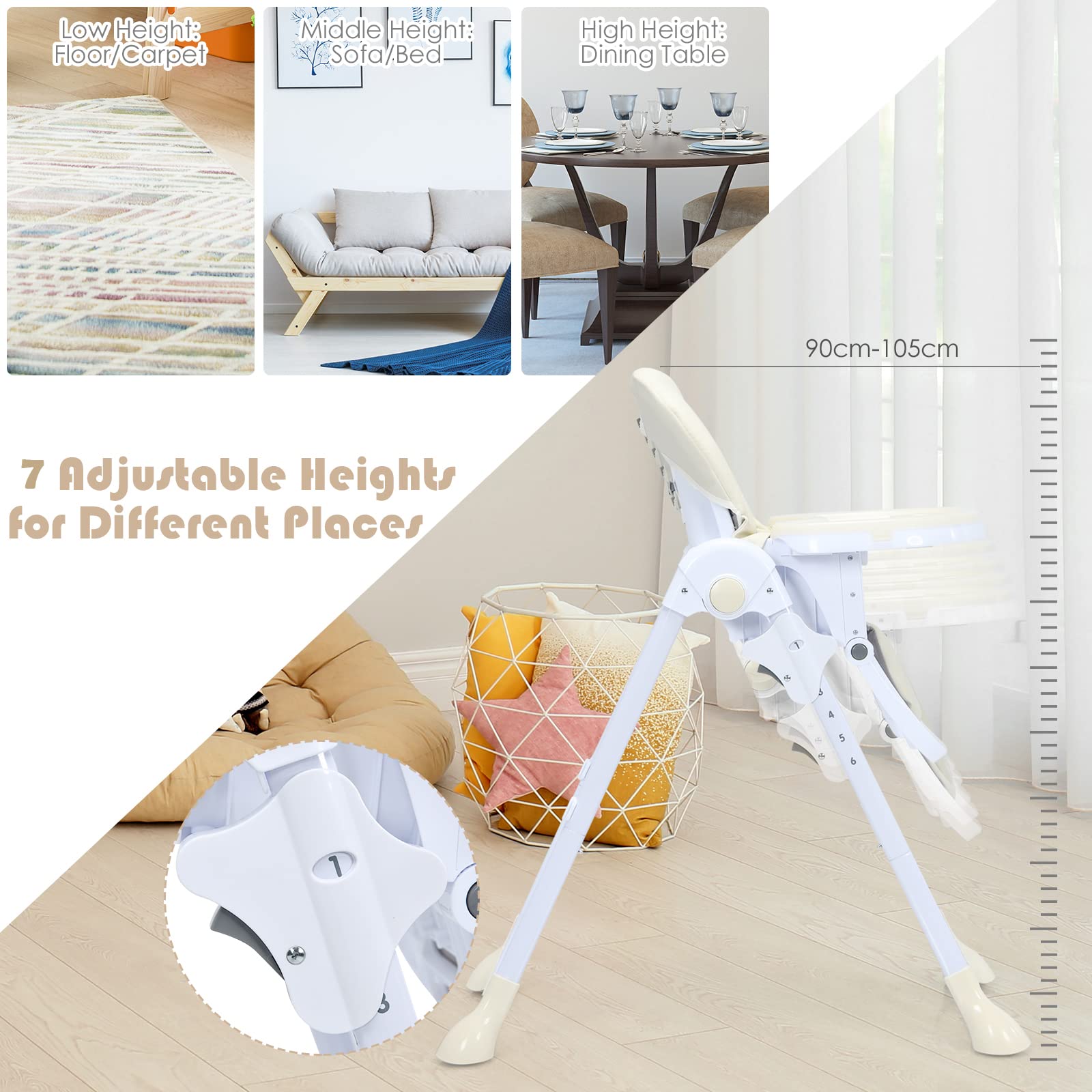 Baby High Chair Folding Highchair for Toddlers w/Adjustable Height