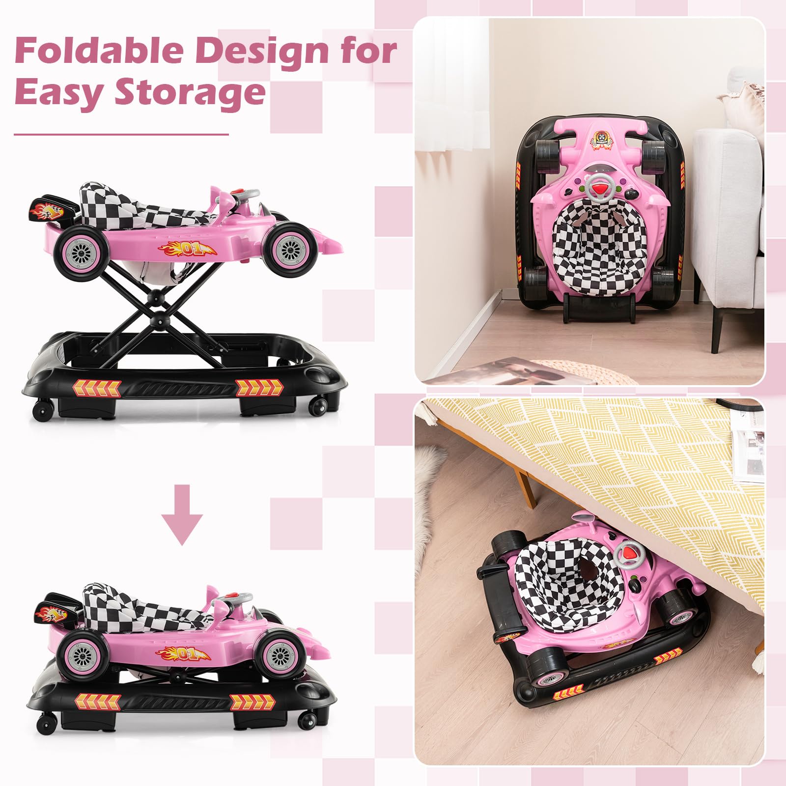 Foldable Baby Walker with 3 Adjustable Height Settings for 7-14 Months Boys Girls