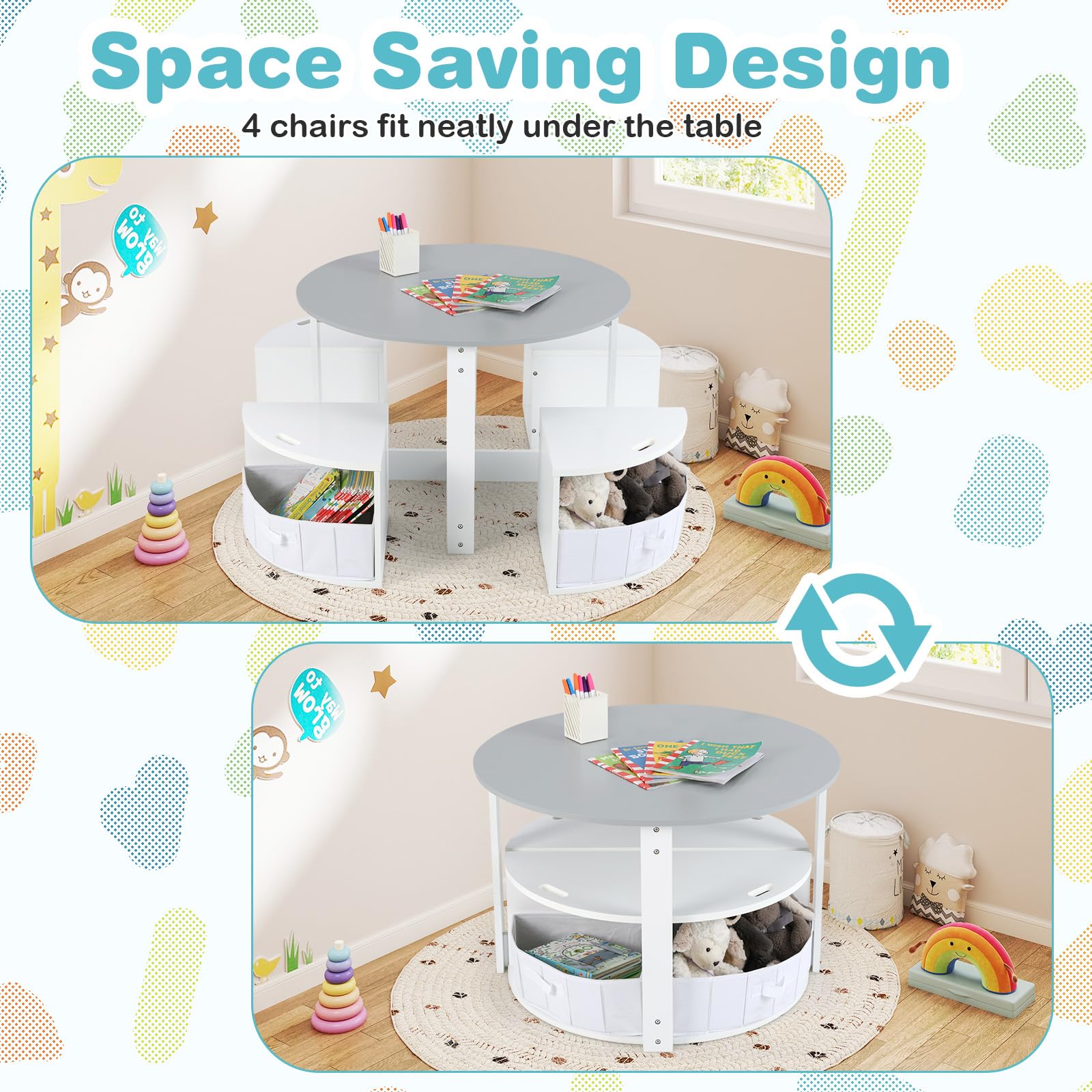 Toddler Table and Chair Set with 4 Storage Stools, Wooden Flower Shaped Nesting Table Blackboard Drawers