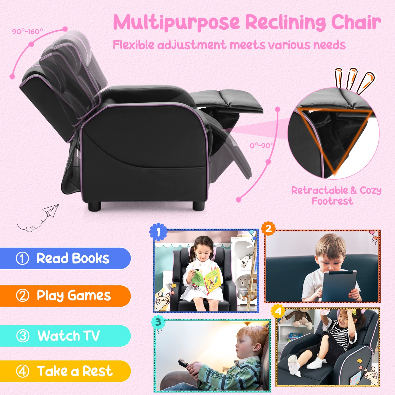 Kids Recliner Sofa Couch with Adjustable Backrest Footrest and High Density Sponge