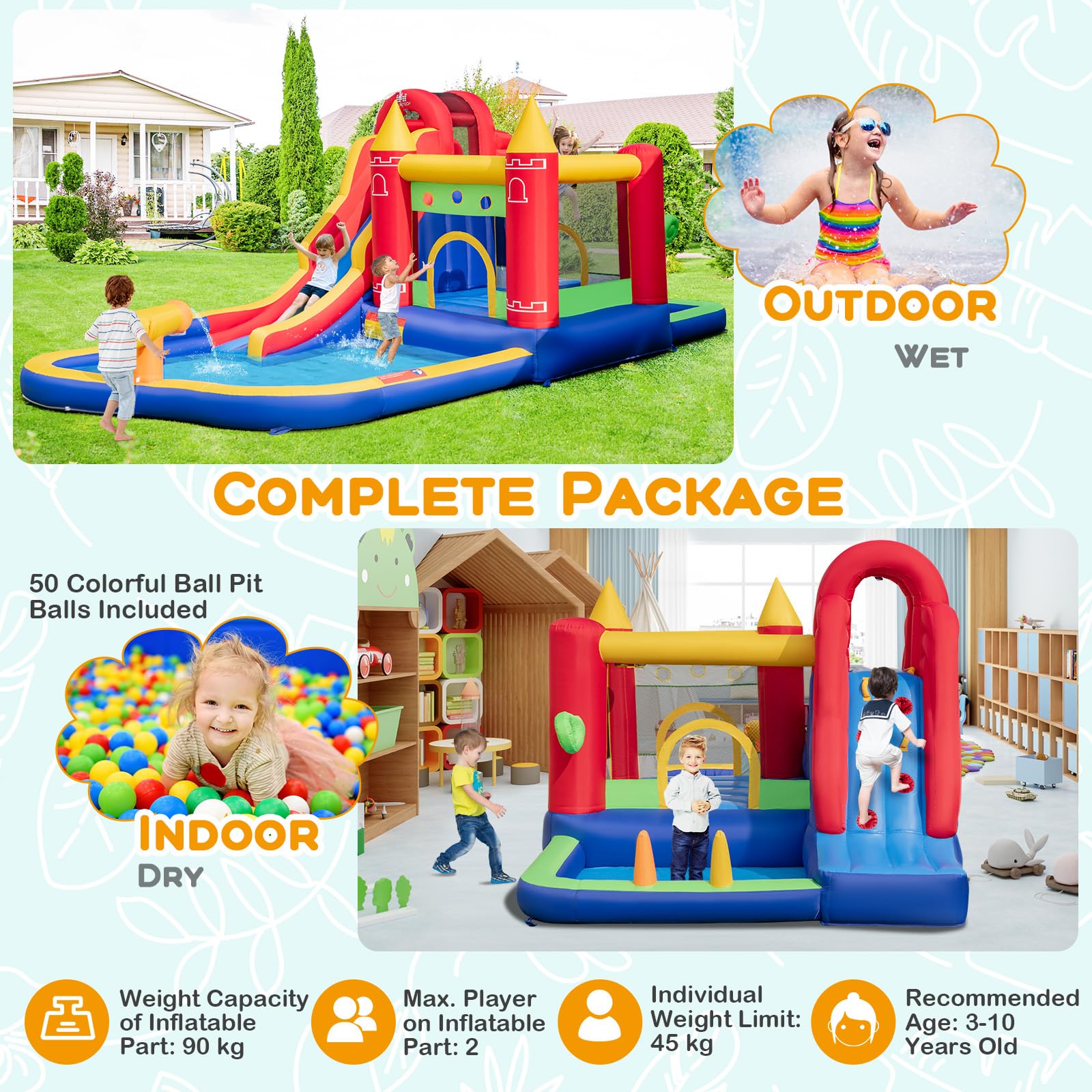 Inflatable Water Slide, Outdoor Water Park Bouncy House with Ring-tossing, Boxing